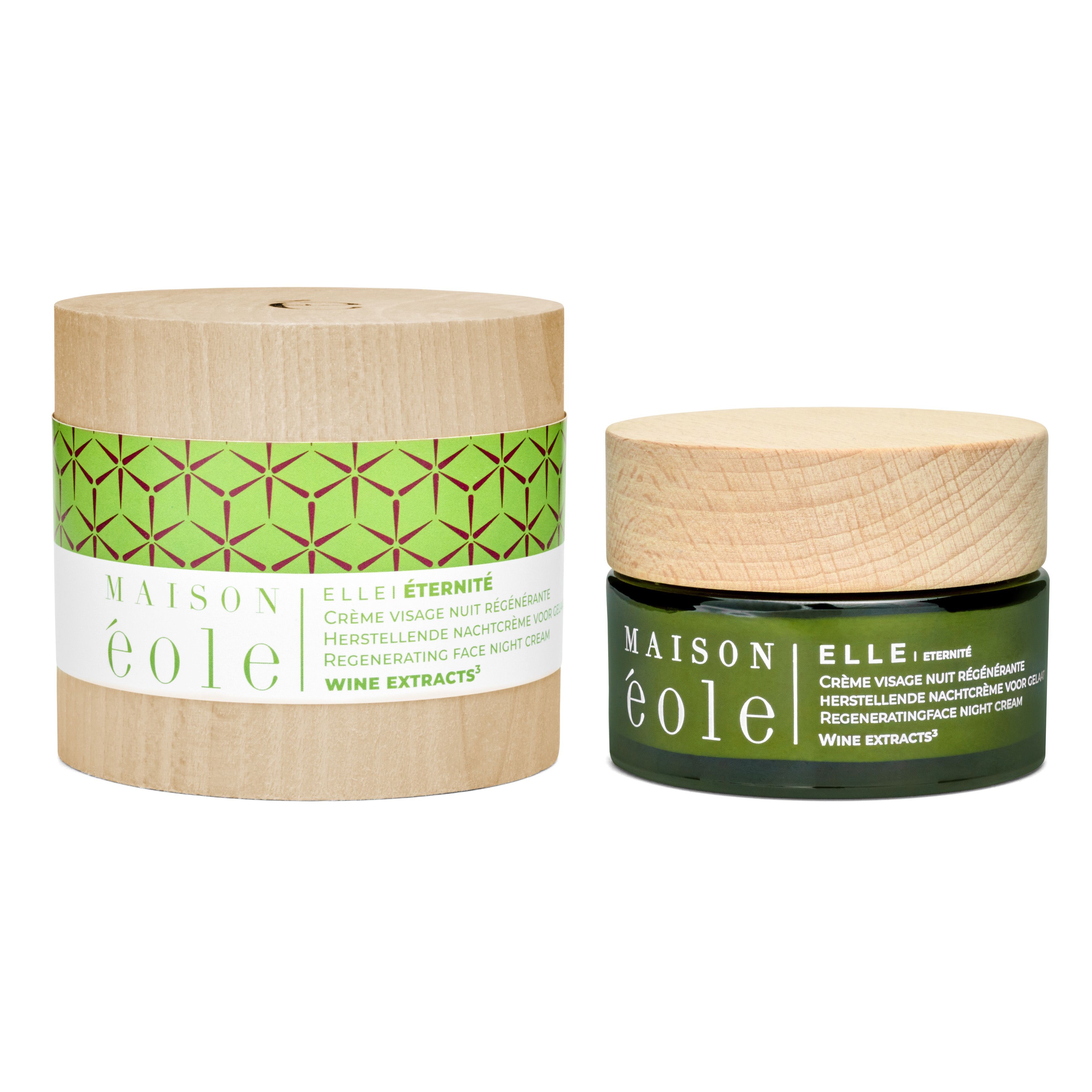 Deux pots de crème. À gauche: emballage avec motif vert. À droite: crème avec couvercle en bois. Inscription: Maison Éole, ELLE, Crème Visage Nuit.