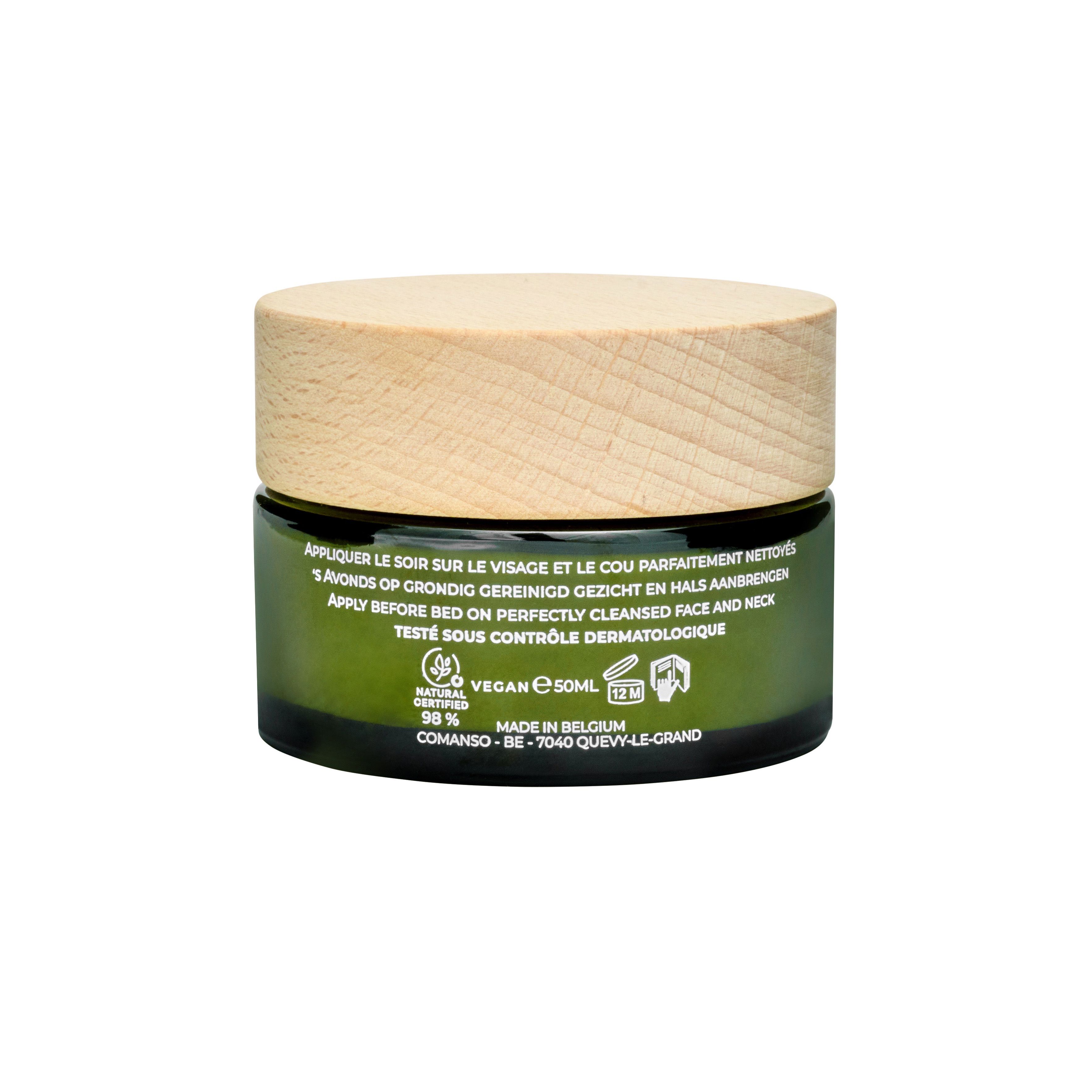 Dos de la crème. Texte: Appliquer sur visage et cou nettoyés. Vegan, 98% naturel. Fabriqué en Belgique.