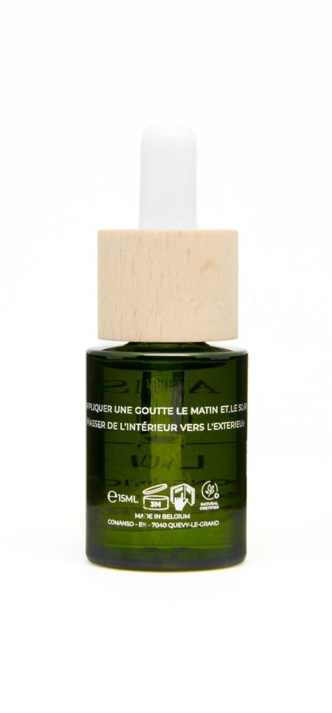 Flacon en verre vert avec bouchon en bois et pipette. Inscription: Maison Éole, Lui, Sérum Yeux Décongestionnant Intensité. 15ml.