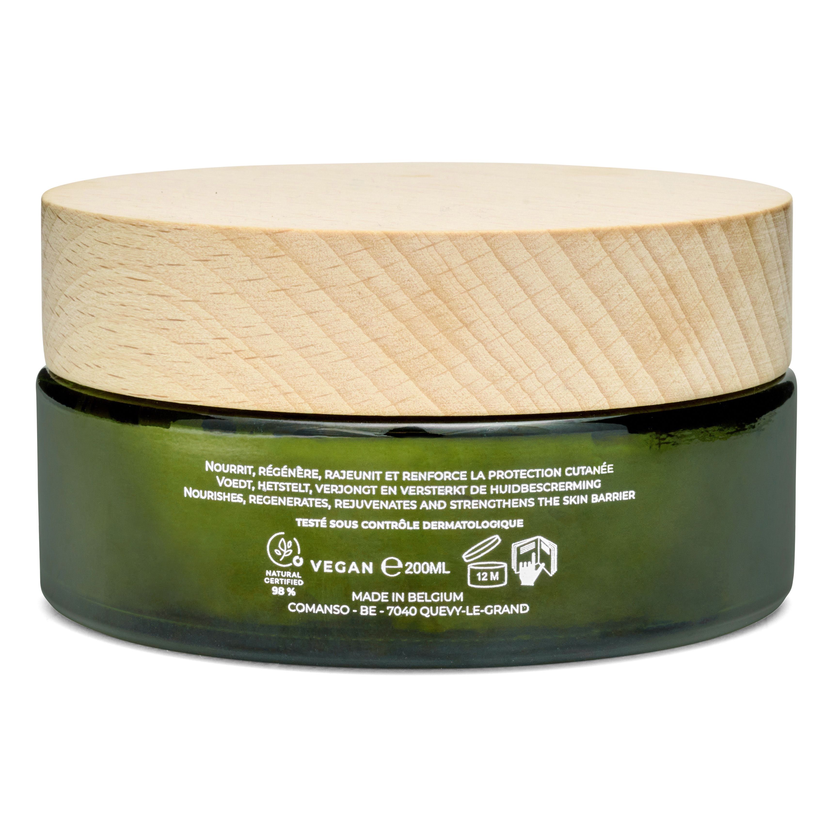 Dos du pot en verre vert. Texte: Nourrit, régénère, rajeunit et renforce la protection cutanée. Vegan, 200ml, Made in Belgium.