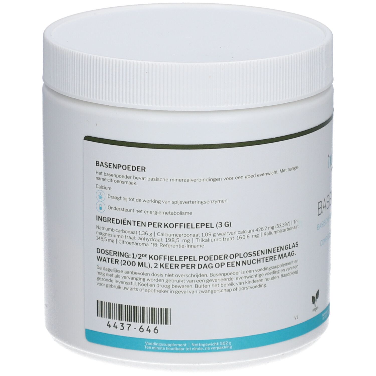 Dos du pot blanc. Texte: Basenpoeder, ingrédients, dosage. Contient bicarbonate de sodium, calcium, magnésium, potassium.