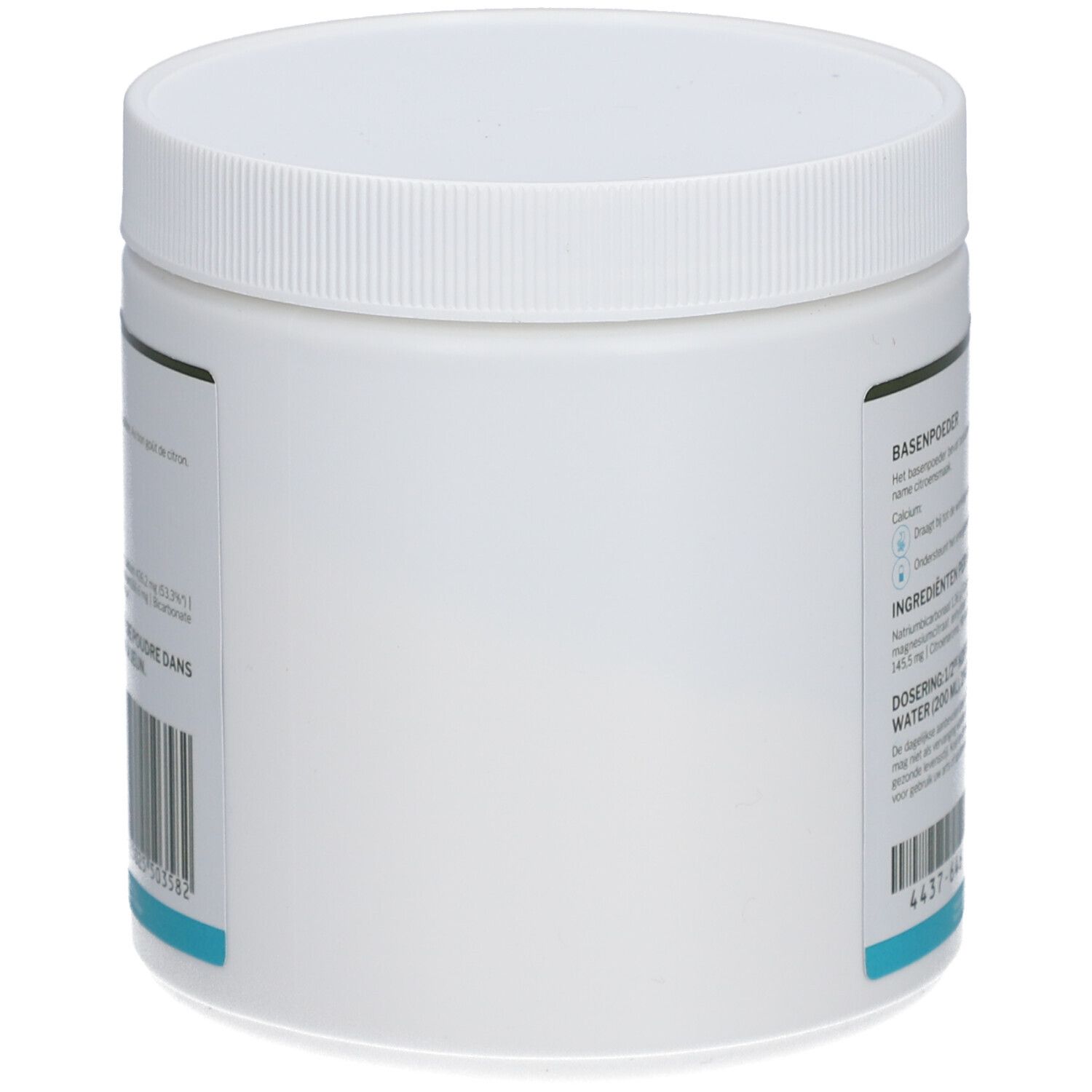 Pot cylindrique blanc avec couvercle à vis. Vue latérale. Étiquette avec texte et code-barres.