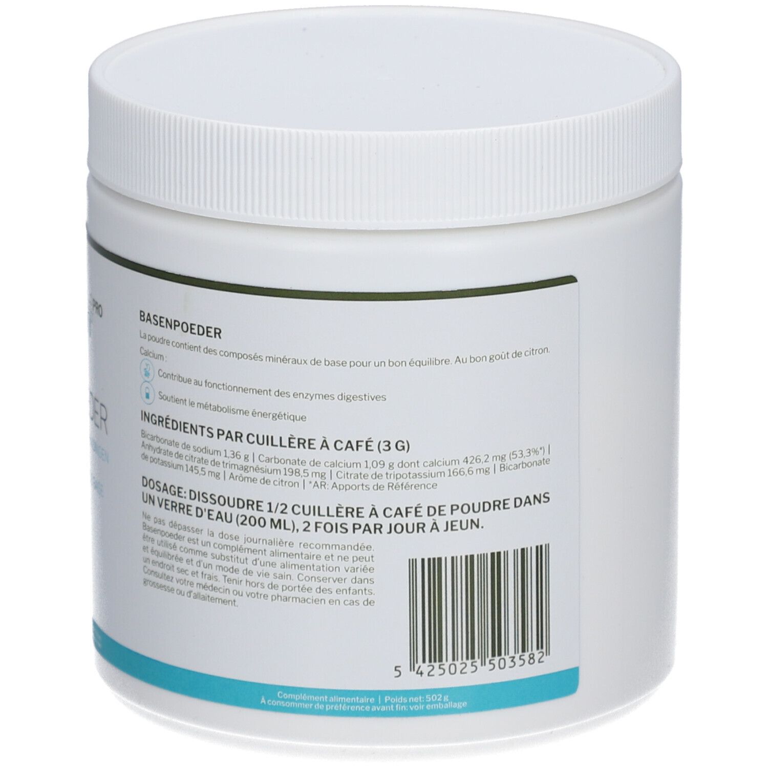 Dos du pot blanc. Texte: Basenpoeder, ingrédients, dosage. Contient bicarbonate de sodium, calcium, magnésium, potassium.