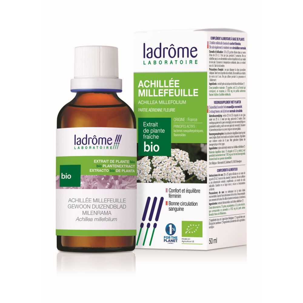 Flacon en verre brun avec bouchon blanc et étiquette. Boîte avec informations produit et logo à côté.