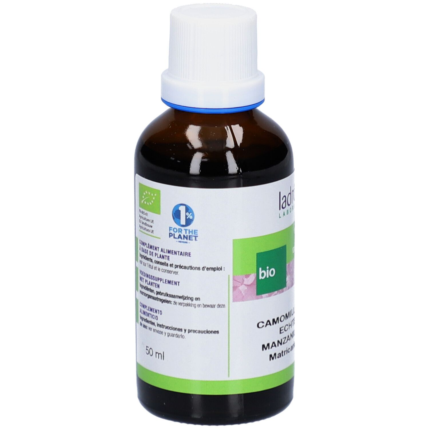 Flacon en verre brun avec bouchon blanc. Étiquette avec nom du produit, label bio et logo 1% for the planet. 50 ml.