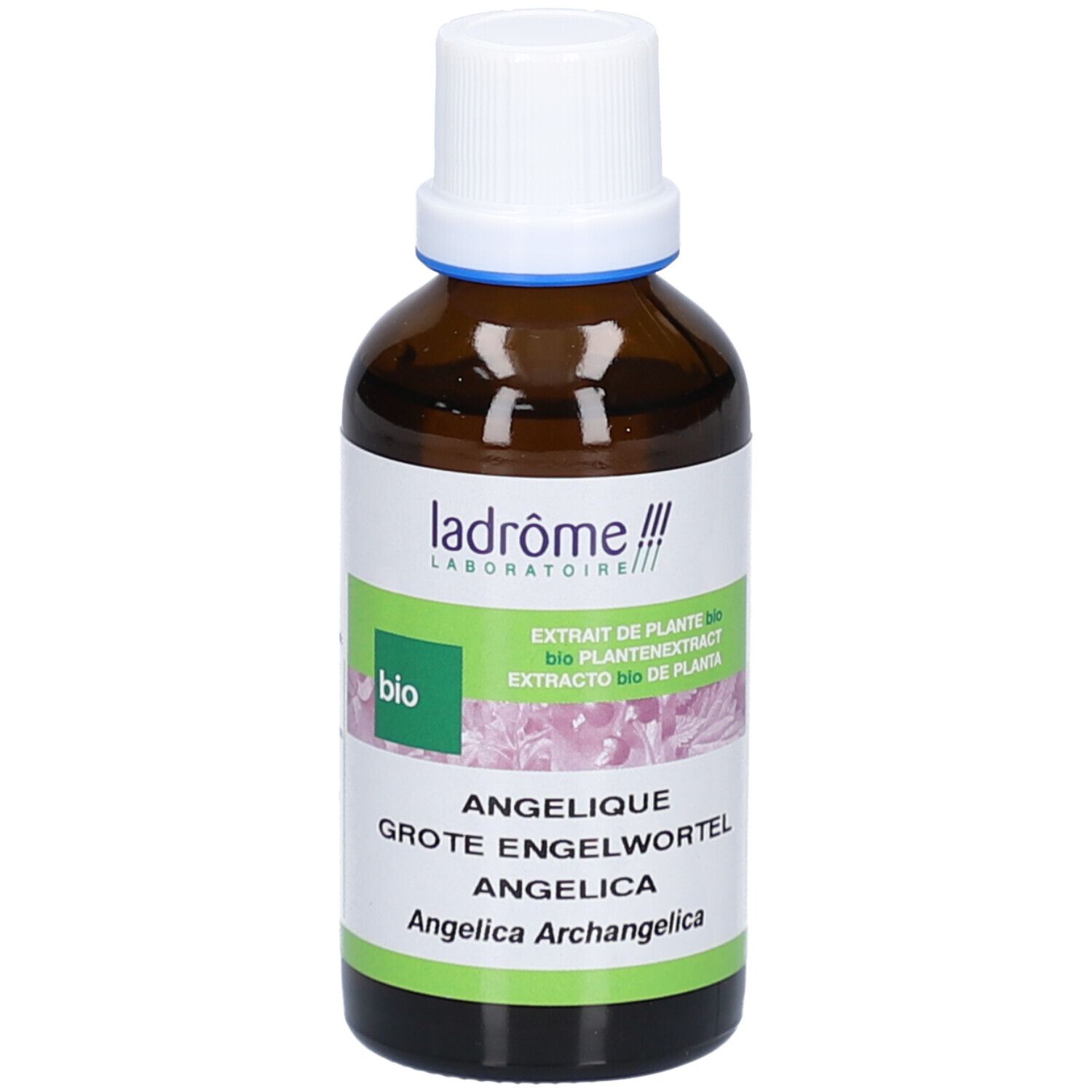 Flacon en verre brun avec bouchon blanc. Étiquette avec nom du produit, marque et label bio. Texte en allemand, français et espagnol.