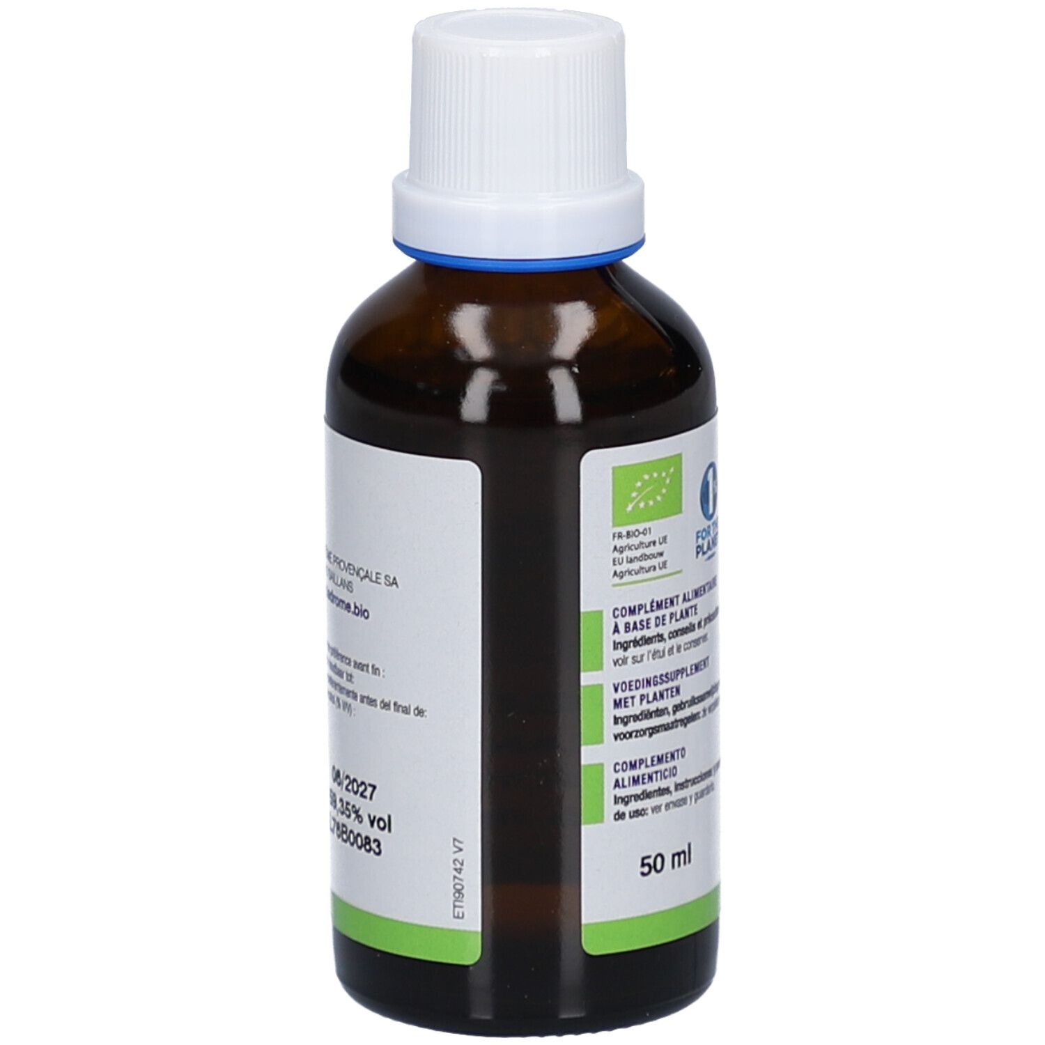 Flacon en verre brun avec bouchon blanc. Étiquette avec nom du produit, marque, label bio et logo bio UE. 50 ml.