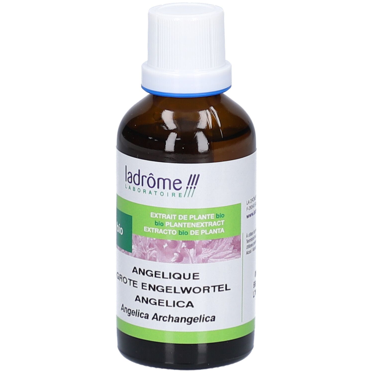 Flacon en verre brun avec bouchon blanc. Étiquette avec nom du produit, marque et label bio. Texte en allemand, français et espagnol.