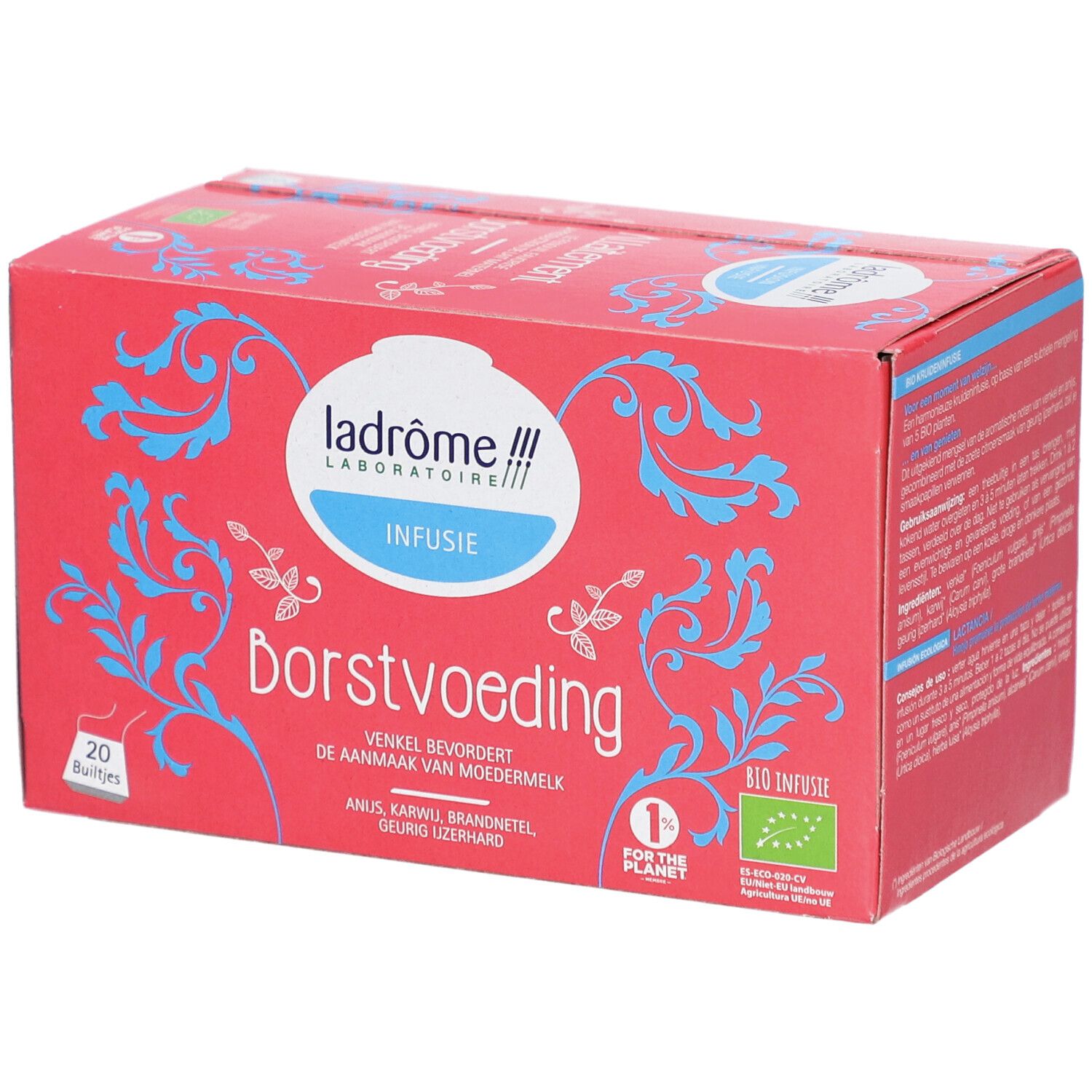 Boîte rouge "Borstvoeding Infusie". Logo Ladrôme Laboratoire. 20 sachets. Label bio.