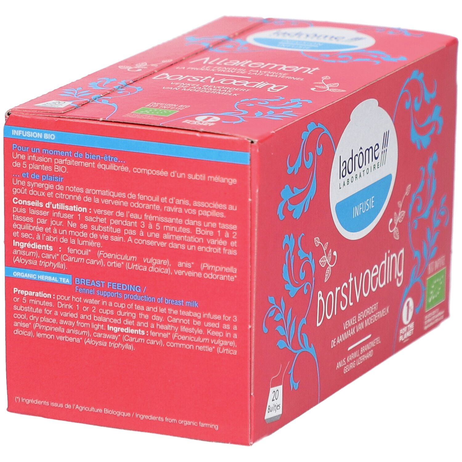 Boîte rouge "Allaitement Borstvoeding". Logo Ladrôme. Textes en français et néerlandais. Label bio.