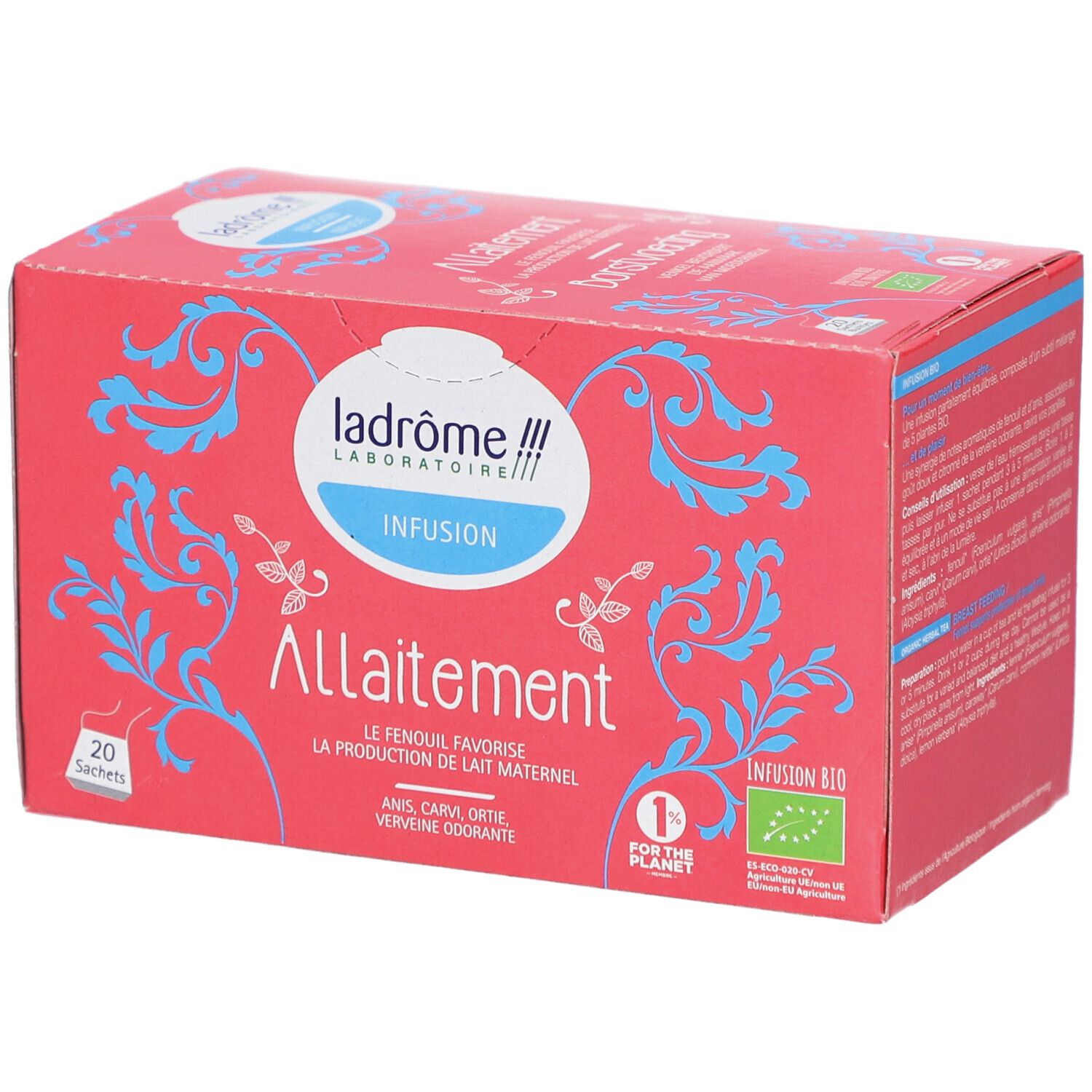 Boîte rouge "Allaitement". Logo Ladrôme Laboratoire. 20 sachets. Label bio.