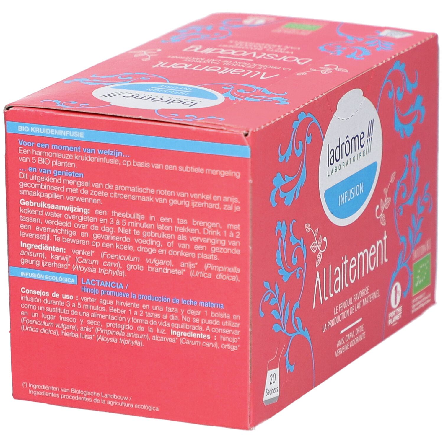 Boîte rouge "Allaitement Borstvoeding". Logo Ladrôme. Textes en français et néerlandais. Label bio.