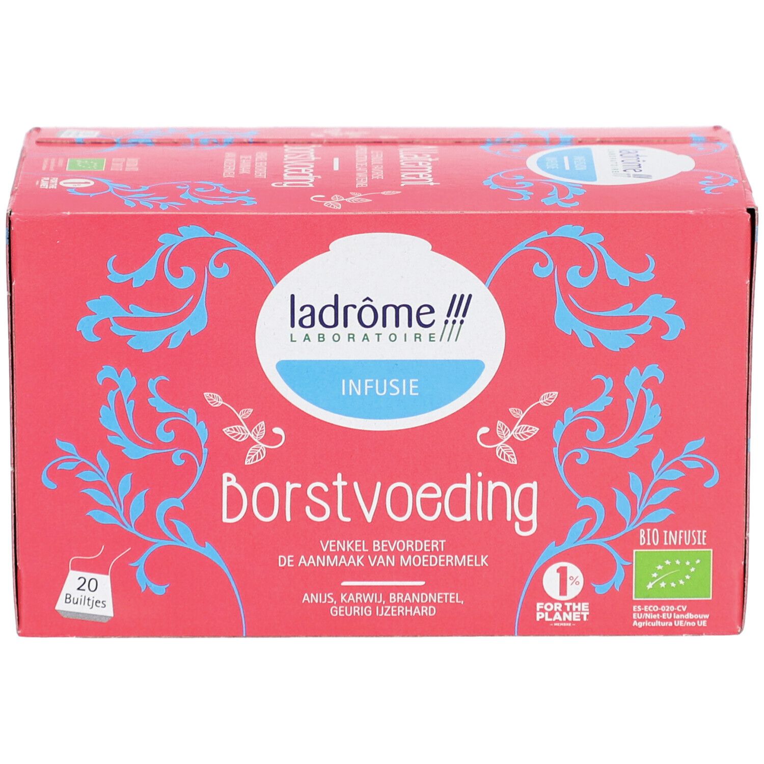 Boîte rouge "Borstvoeding Infusie". Logo Ladrôme Laboratoire. 20 sachets. Label bio.