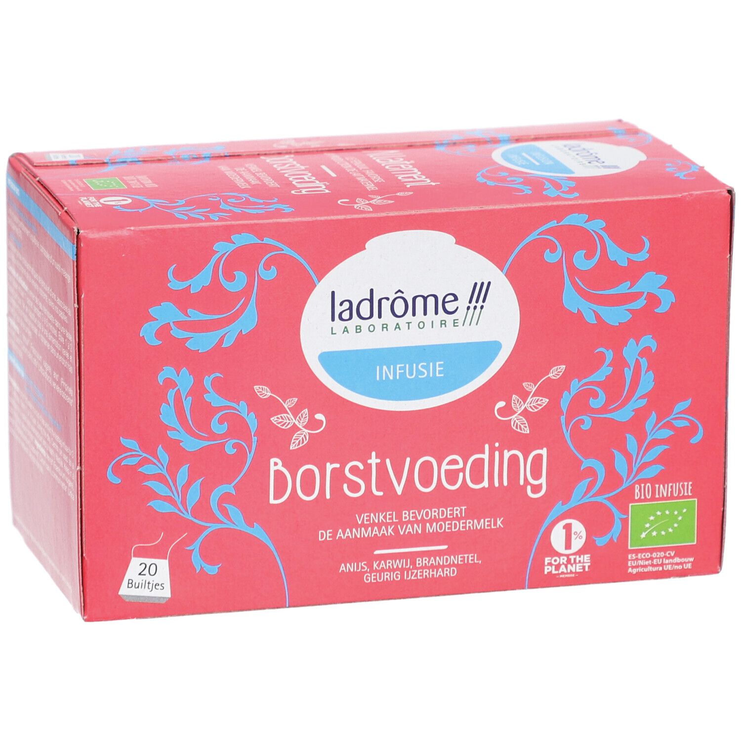 Boîte rouge "Borstvoeding Infusie". Logo Ladrôme Laboratoire. 20 sachets. Label bio.