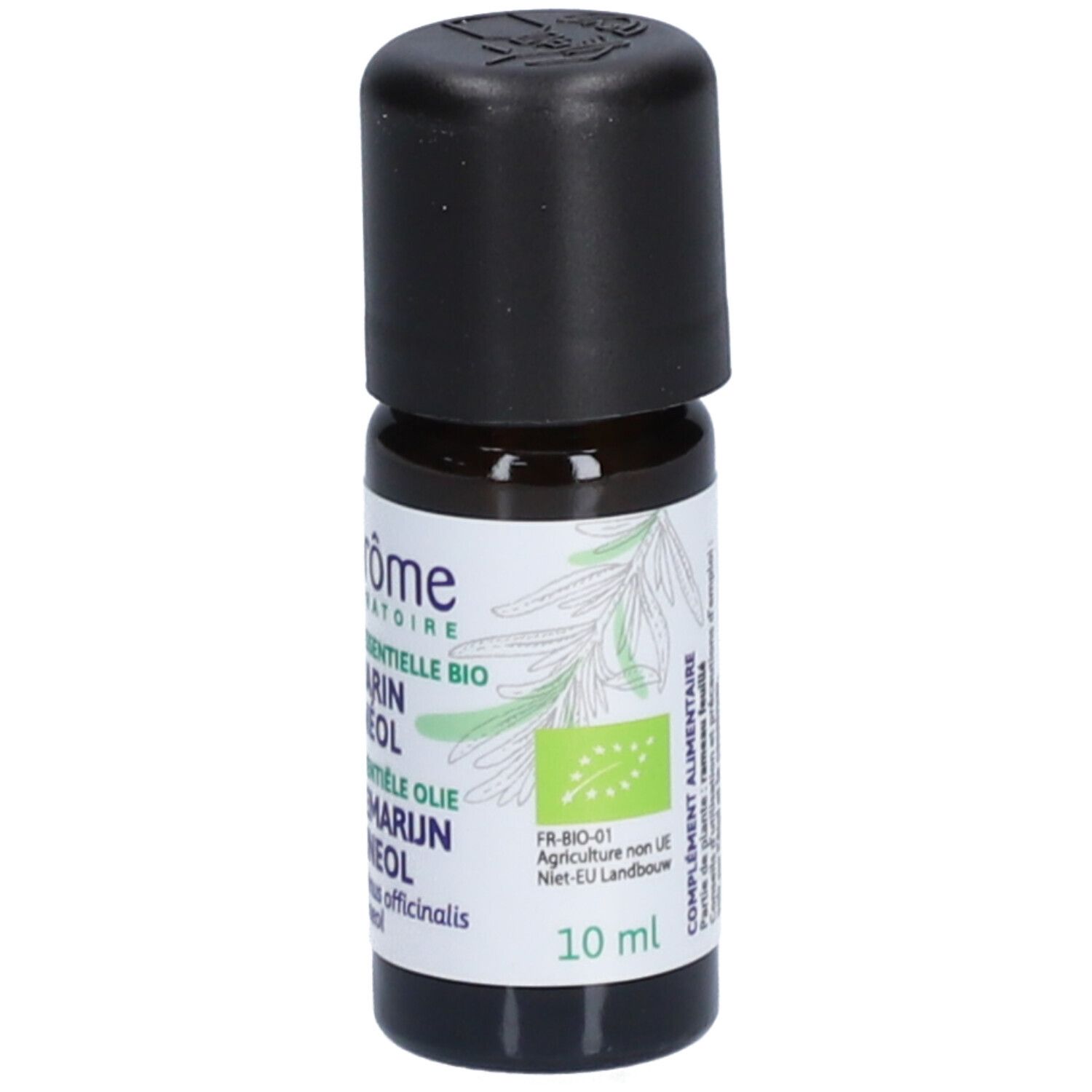 Flacon en verre brun avec bouchon noir. Étiquette avec texte: Huile essentielle BIO Romarin à cinéol. 10 ml.