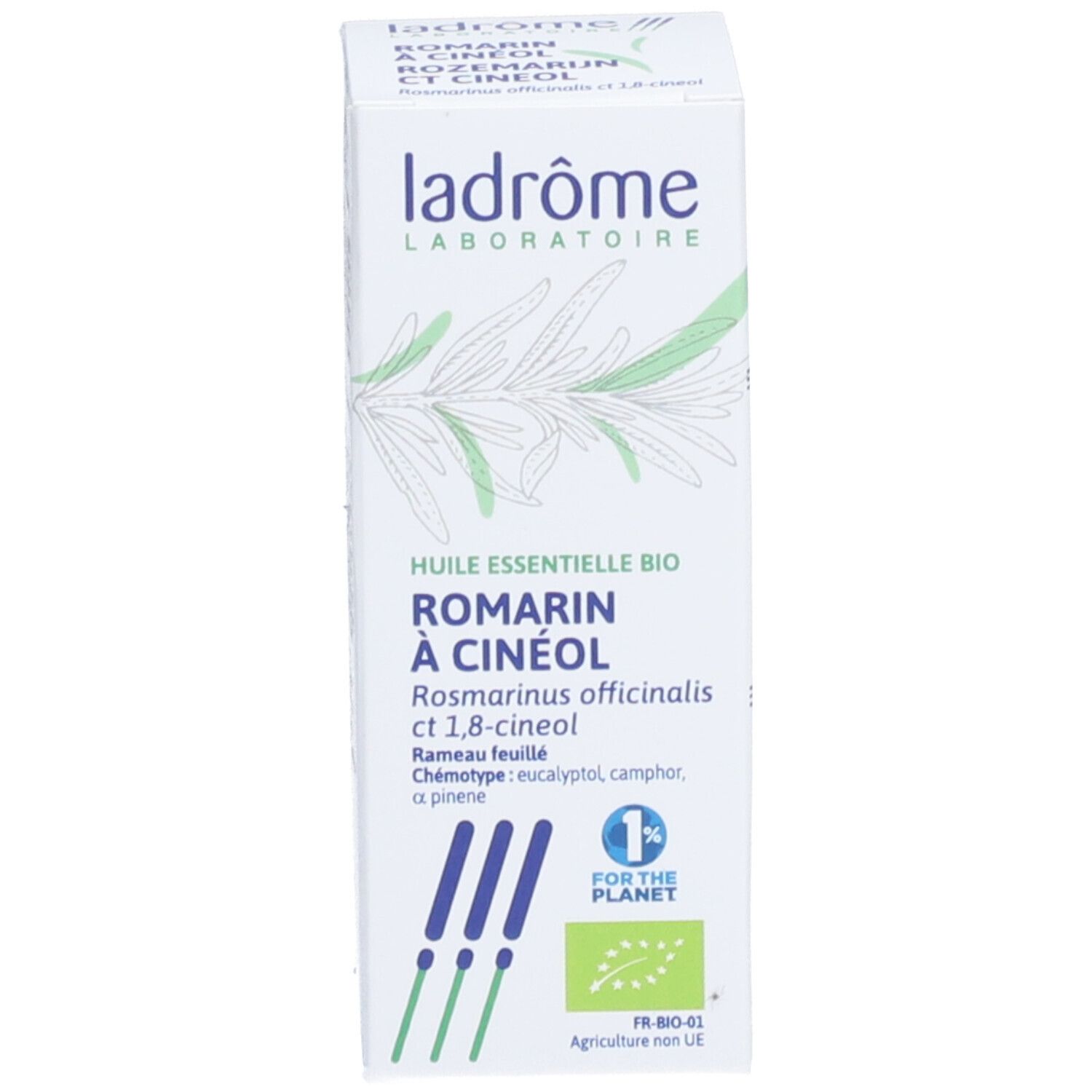 Boîte blanche avec texte: Huile essentielle BIO Romarin à cinéol. Logo et texte. Certification FR-BIO-01.