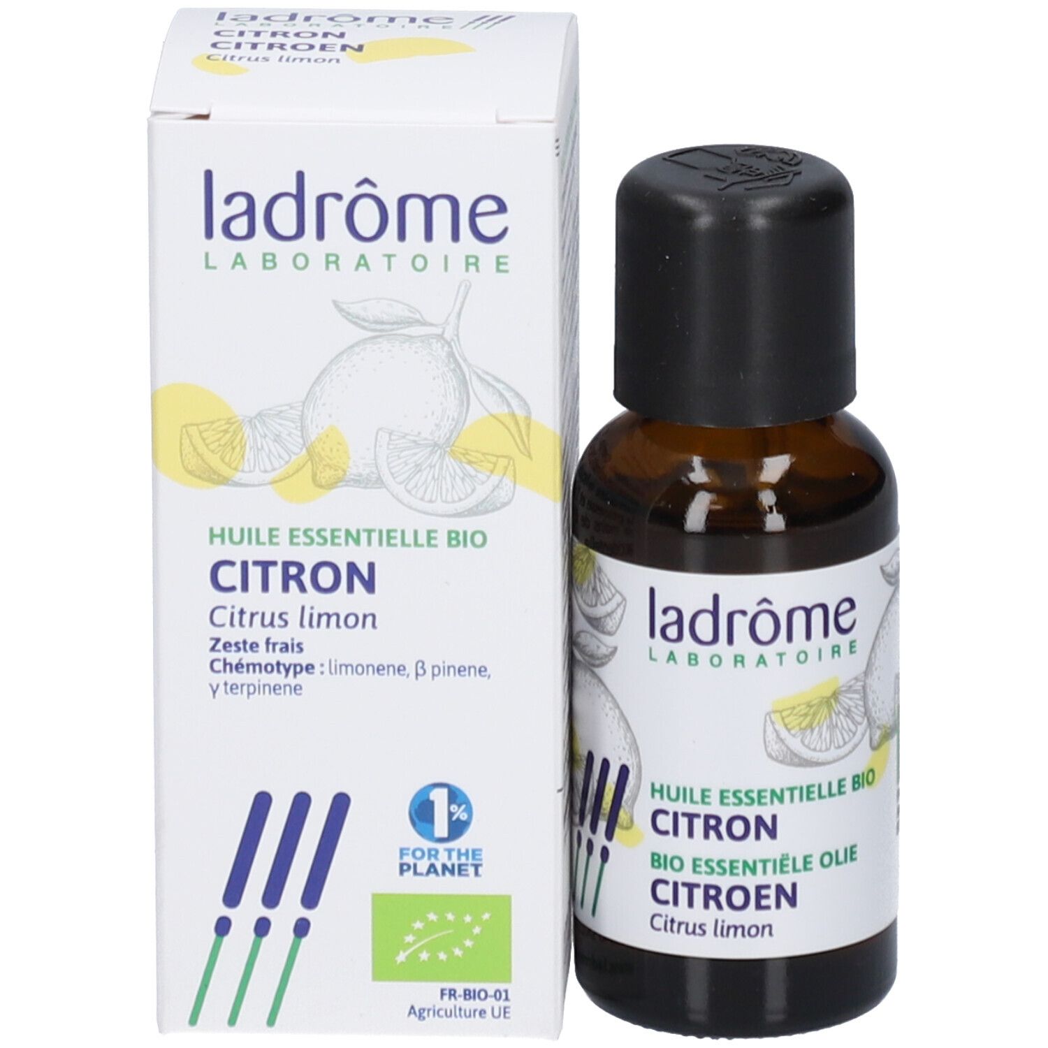 Flacon en verre brun et boîte. Flacon avec bouchon noir. Boîte avec informations produit.