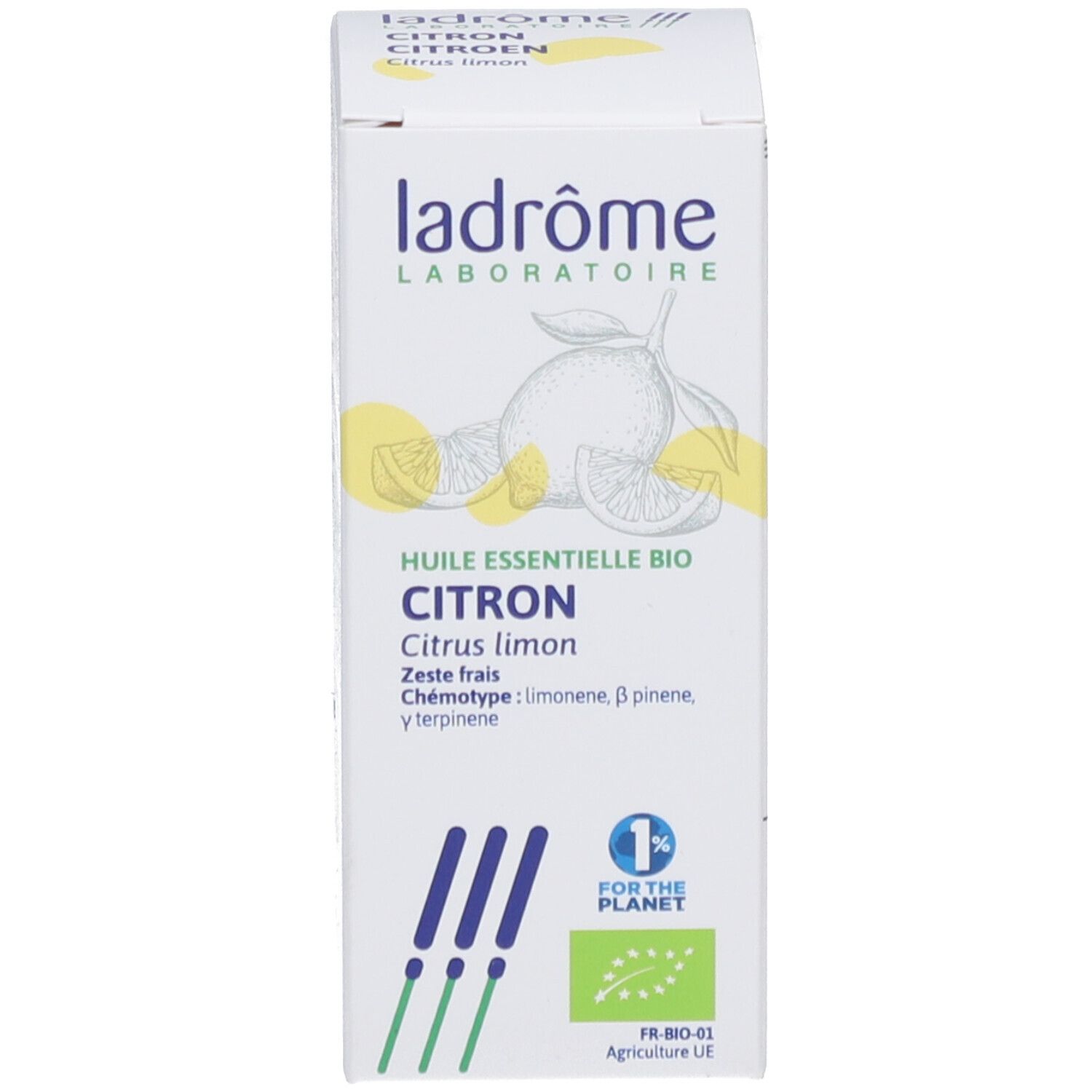 Emballage produit blanc avec informations, illustrations et label bio.