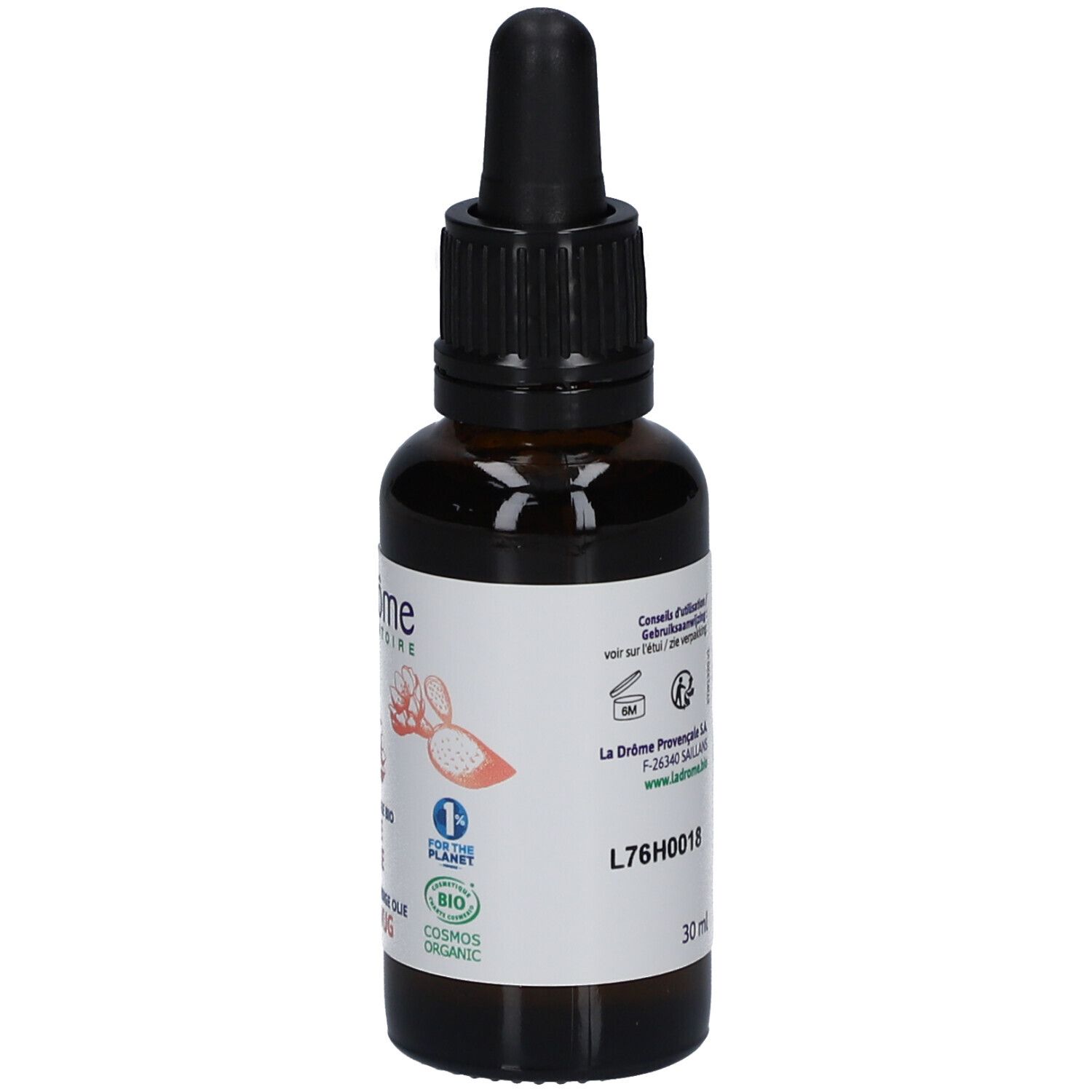 Flacon en verre brun avec bouchon noir et pipette. Étiquette avec informations produit et logo.