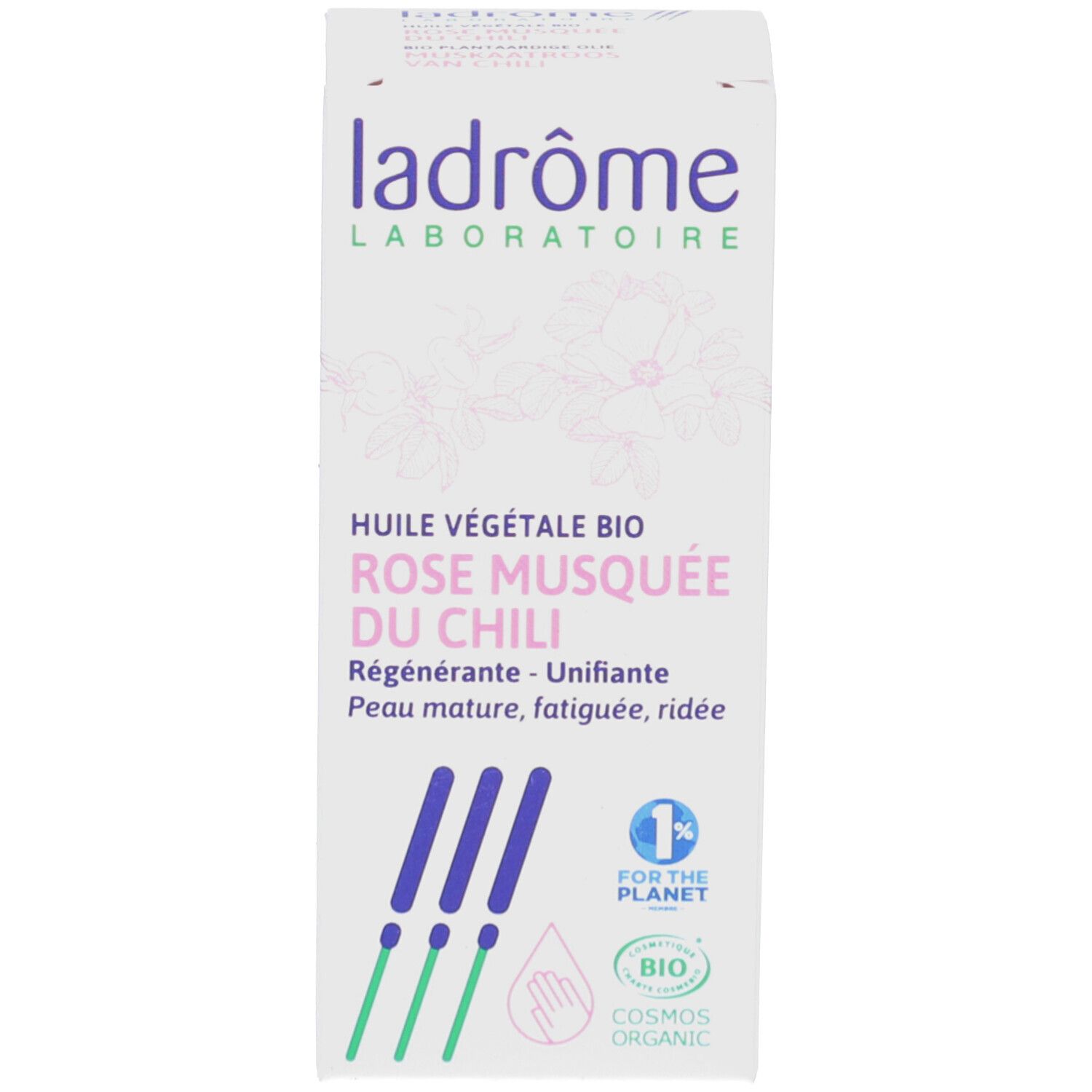 Emballage blanc avec texte et logo. Nom du produit et certifications.