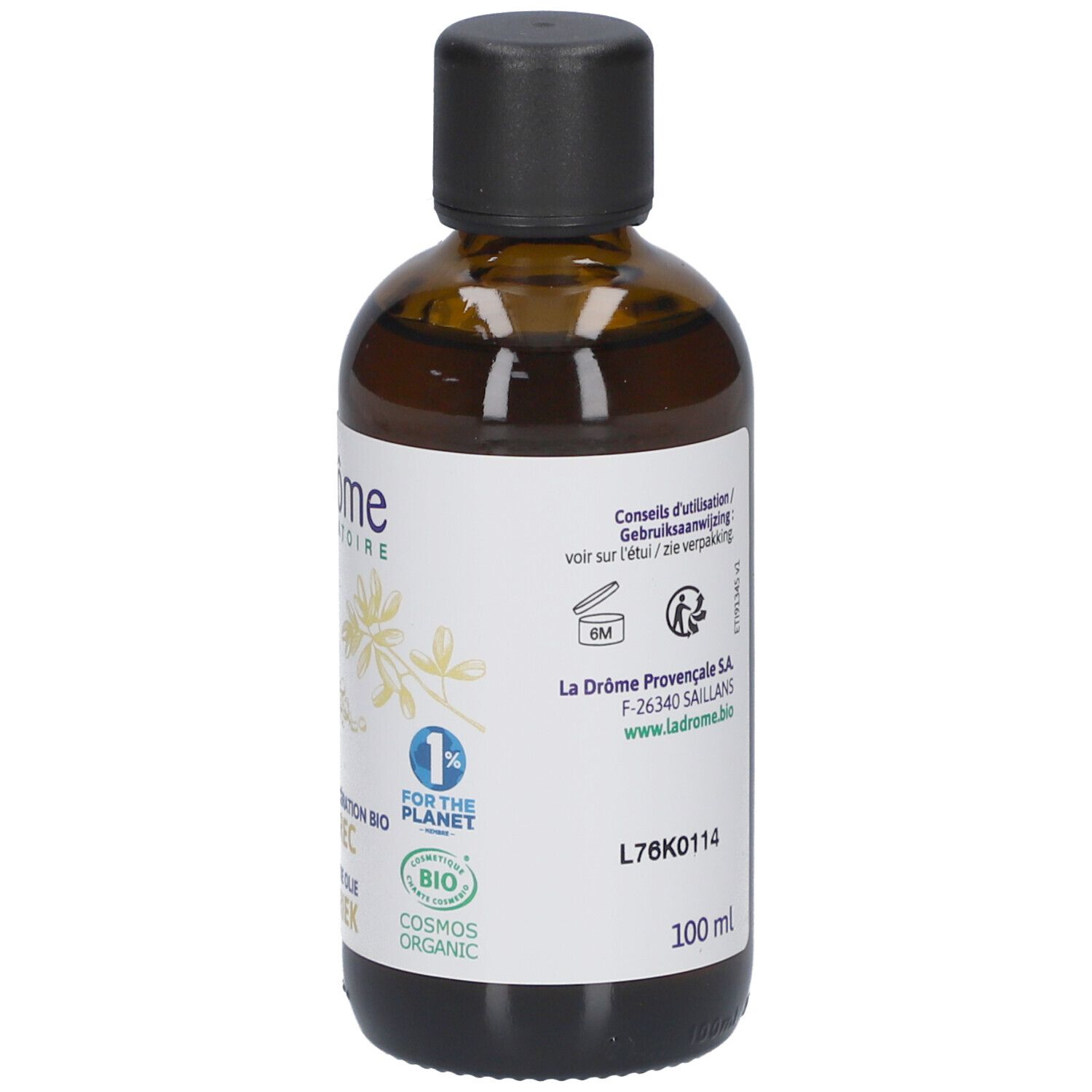 Flacon en verre brun avec bouchon noir. Étiquette avec texte et logo. Certification bio. 1% pour la planète.