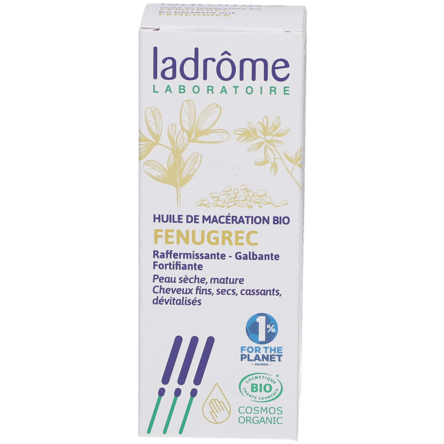 Emballage produit blanc avec texte et logo. Certification bio. 1% pour la planète. Ladrôme.