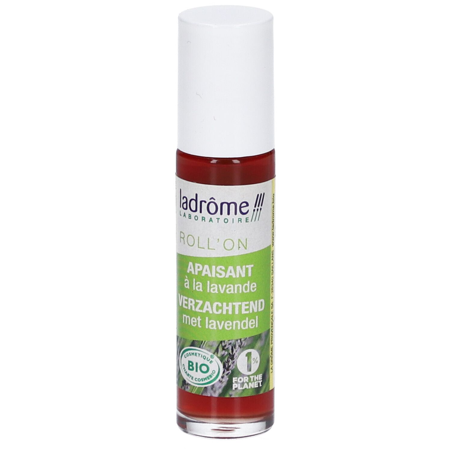 Flacon roll-on avec bouchon blanc. Inscription : Roll-on, Apaisant à la lavande, Verzachtend met lavendel. Certification bio.