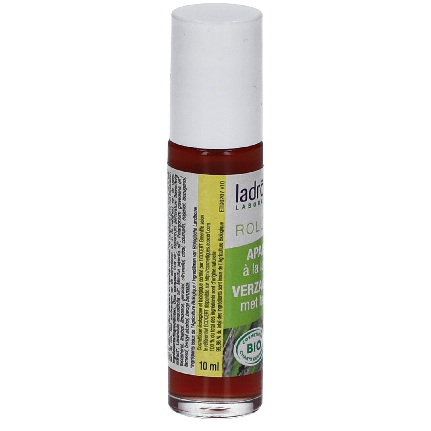 Flacon roll-on avec bouchon blanc. Inscription : Roll-on, Apaisant à la lavande, Verzachtend met lavendel. Certification bio. 10 ml.