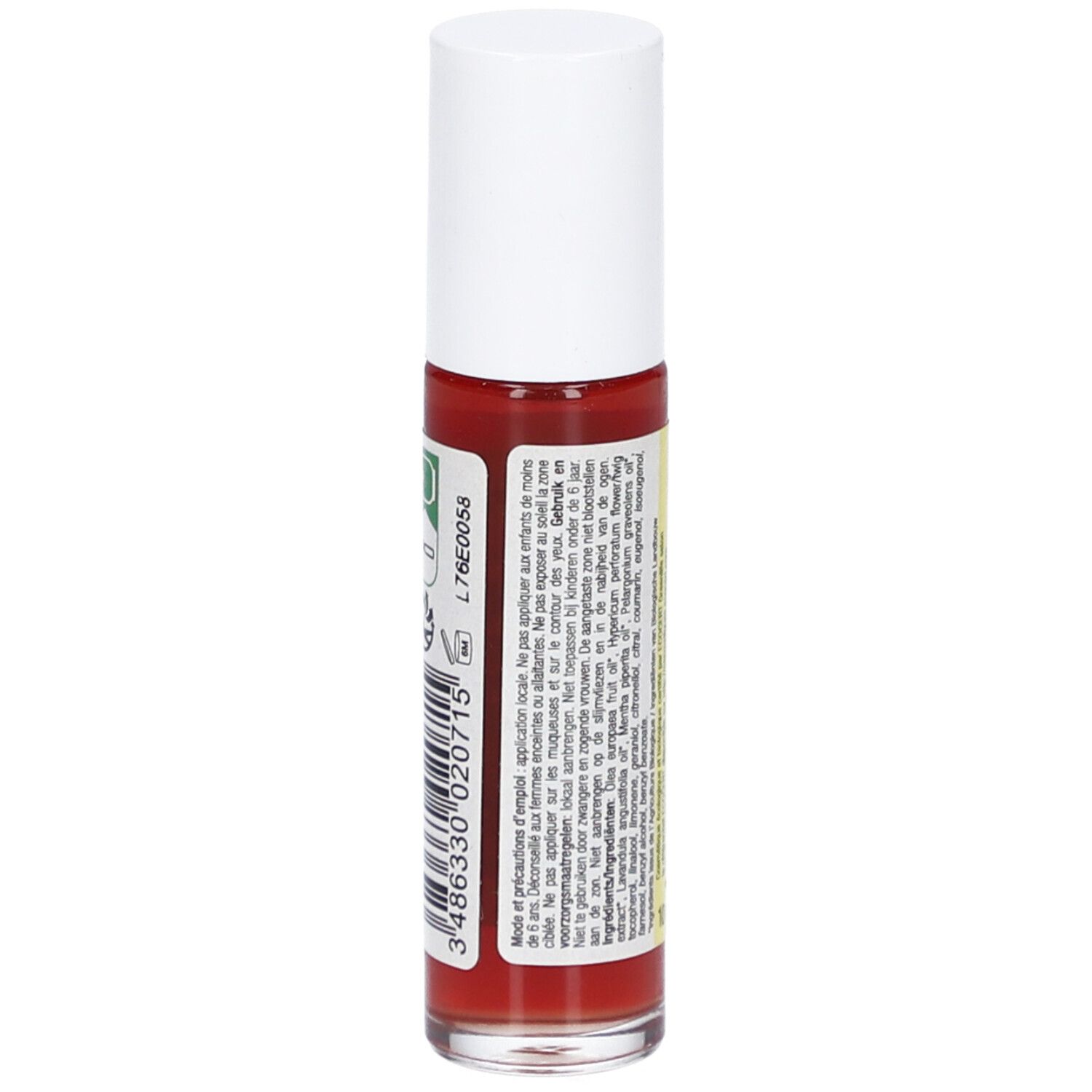 Flacon roll-on avec bouchon blanc. Inscription : Roll-on, Apaisant à la lavande, Verzachtend met lavendel. Certification bio. Code-barres.