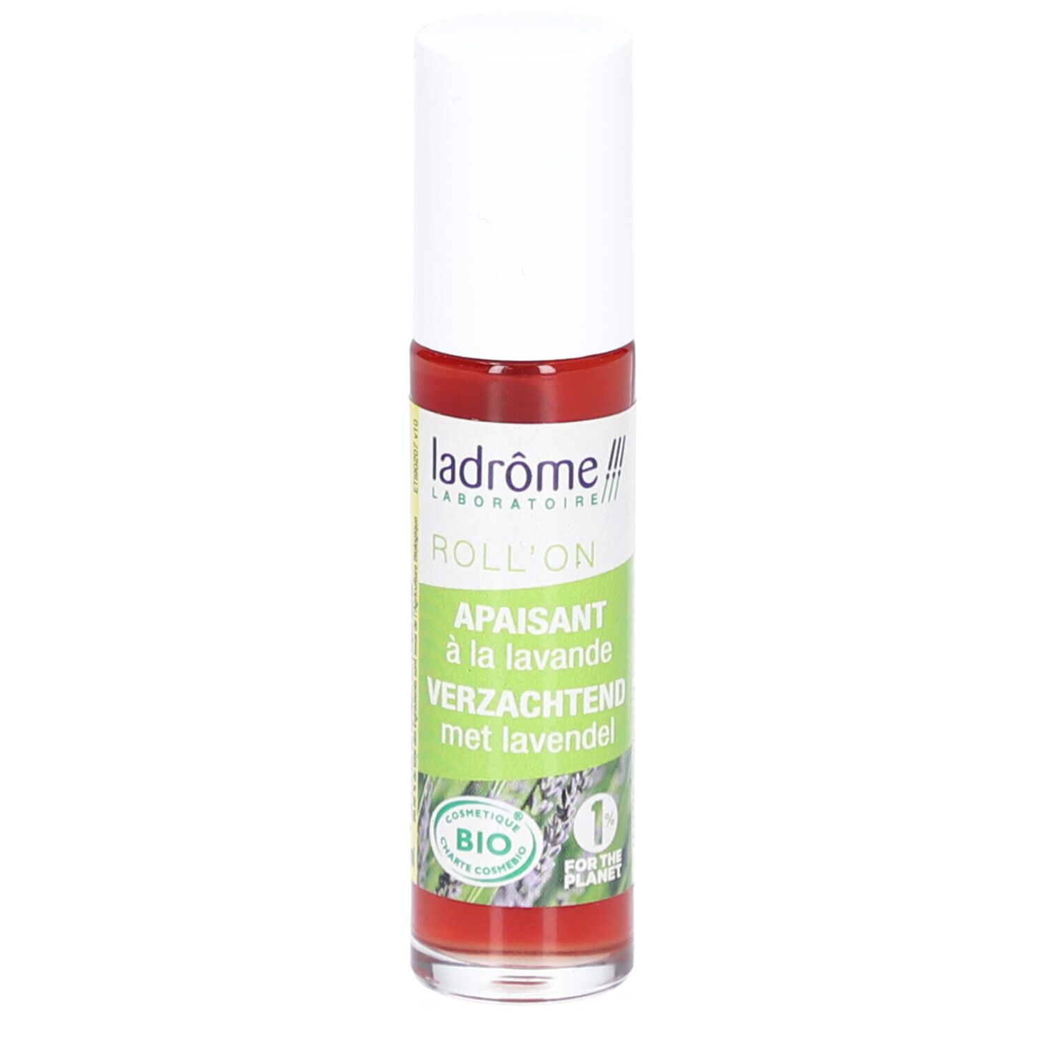 Flacon roll-on avec bouchon blanc. Inscription : Roll-on, Apaisant à la lavande, Verzachtend met lavendel. Certification bio.