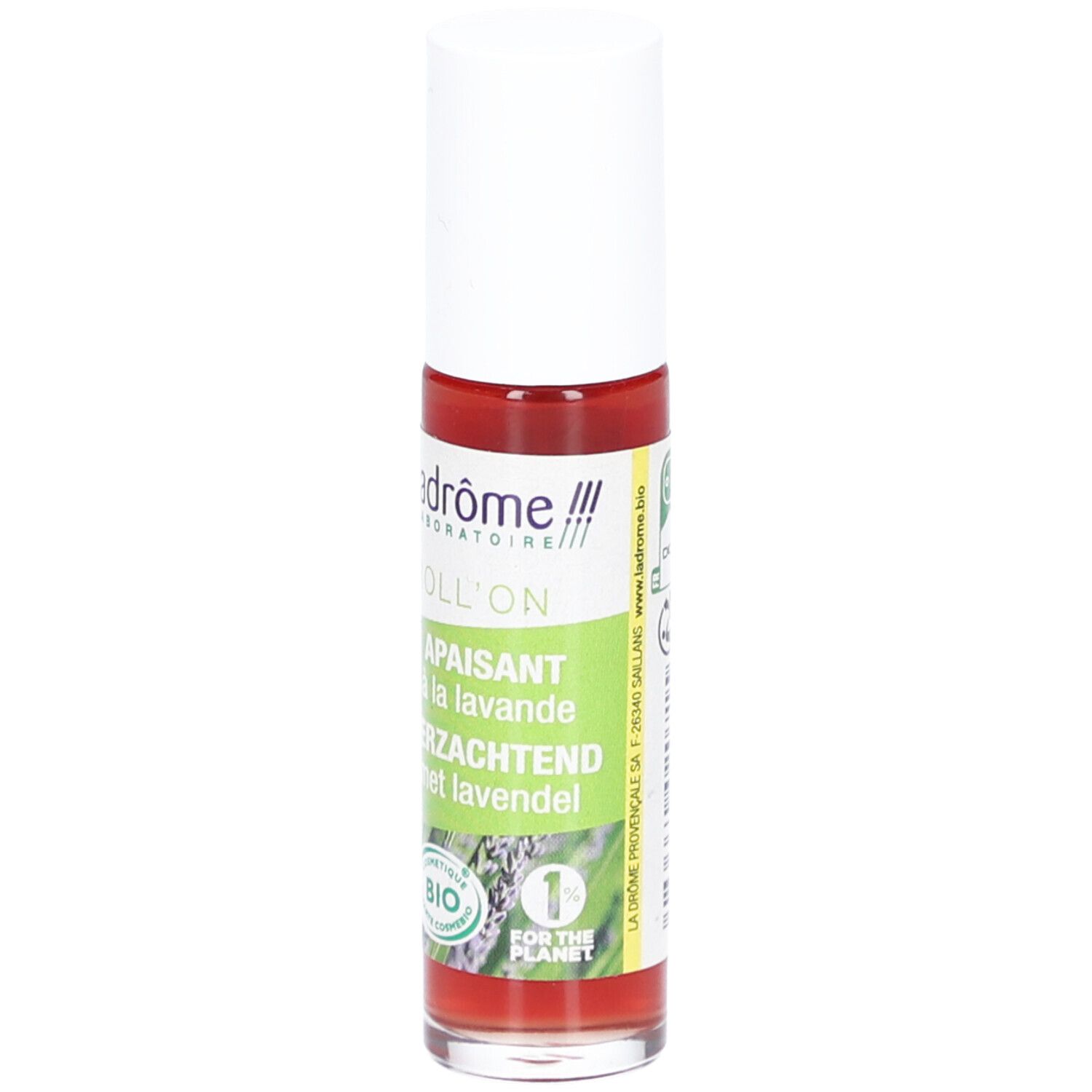 Flacon roll-on avec bouchon blanc. Inscription : Roll-on, Apaisant à la lavande, Verzachtend met lavendel. Certification bio.