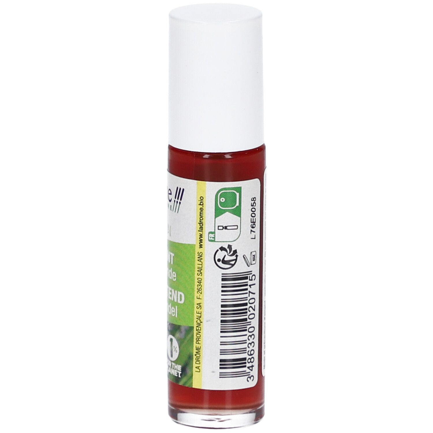 Flacon roll-on avec bouchon blanc. Inscription : Roll-on, Apaisant à la lavande, Verzachtend met lavendel. Certification bio. Code-barres.