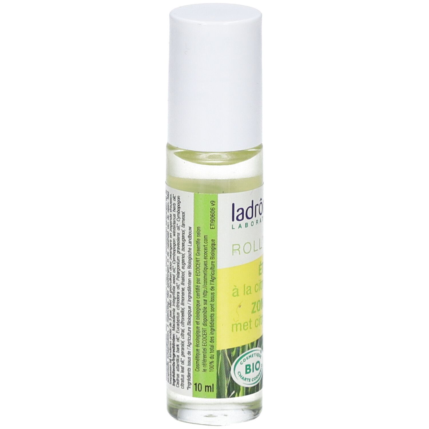 Flacon roll-on avec bouchon blanc. Inscription: Ladrôme, Roll'on, certification bio, 10 ml.