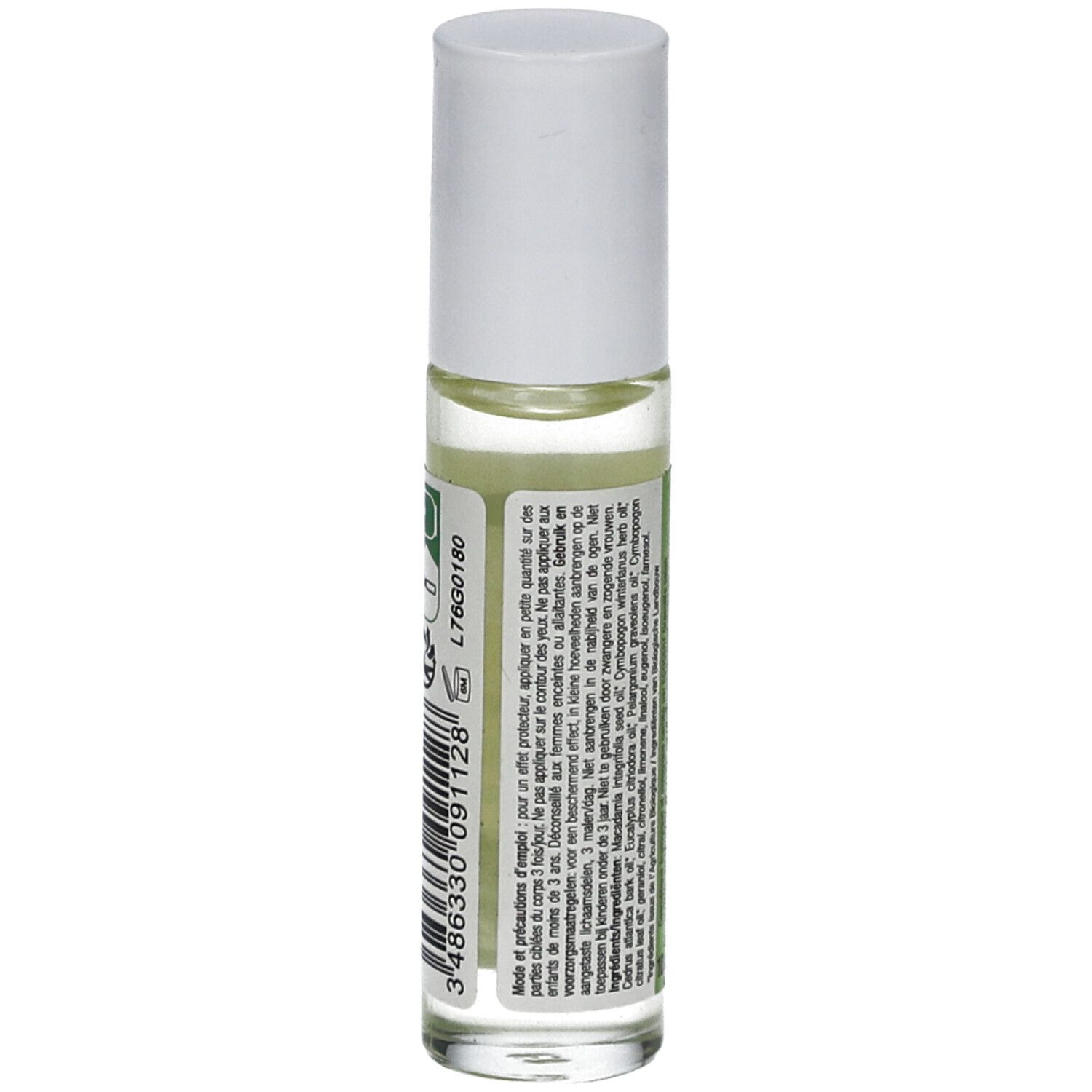Dos d'un flacon roll-on avec bouchon blanc. Texte et code-barres.