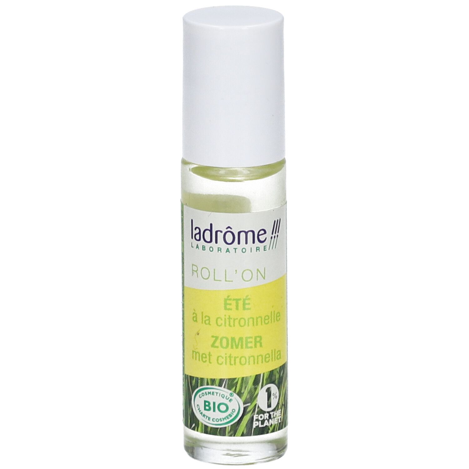 Flacon roll-on avec bouchon blanc. Inscription: Ladrôme, Roll'on, certification bio.