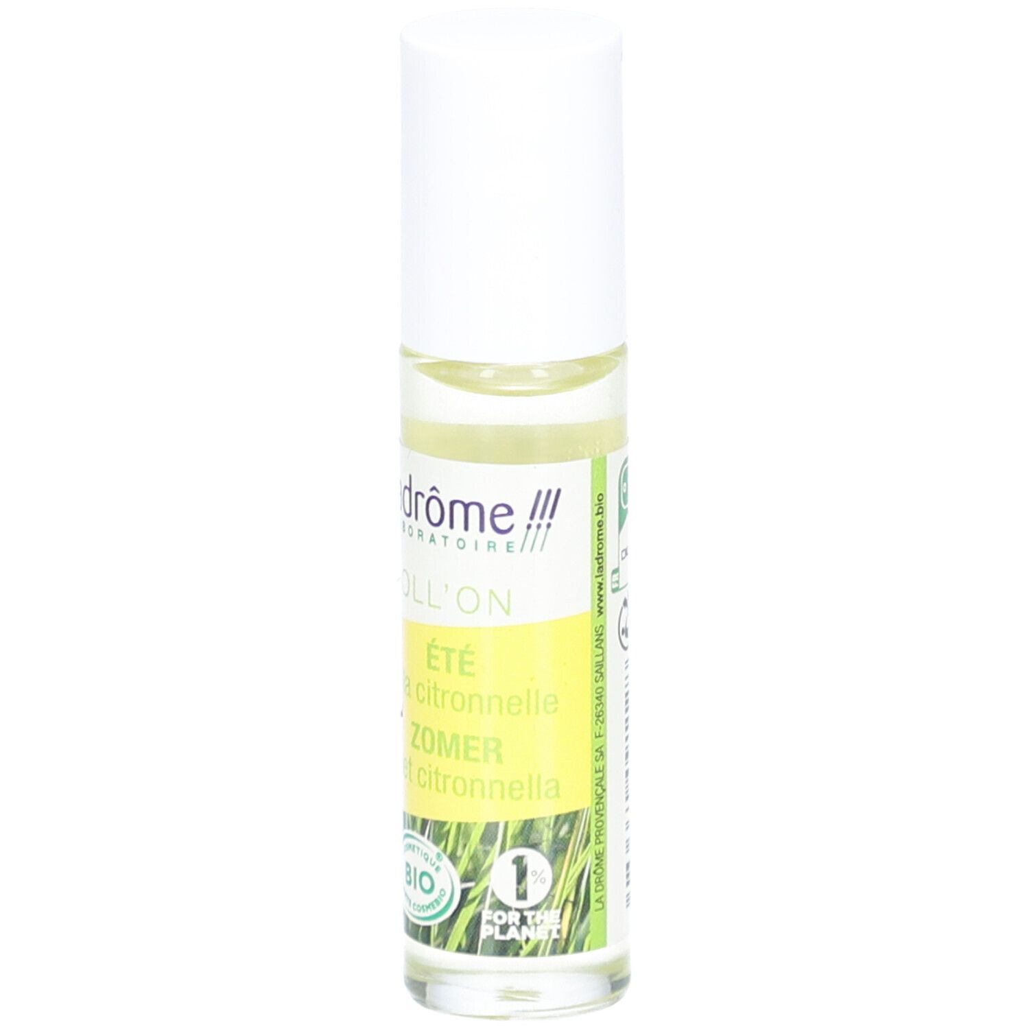 Flacon roll-on avec bouchon blanc. Inscription: Ladrôme, Roll'on, certification bio.