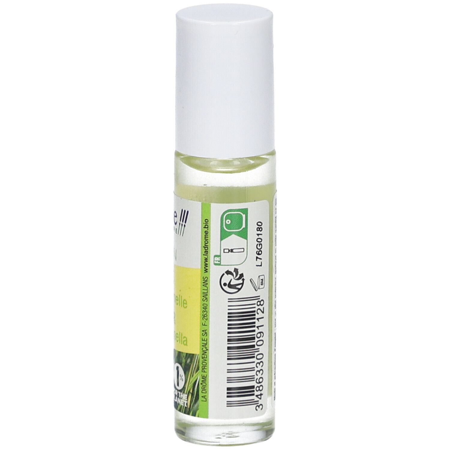 Dos d'un flacon roll-on avec bouchon blanc. Texte et code-barres.