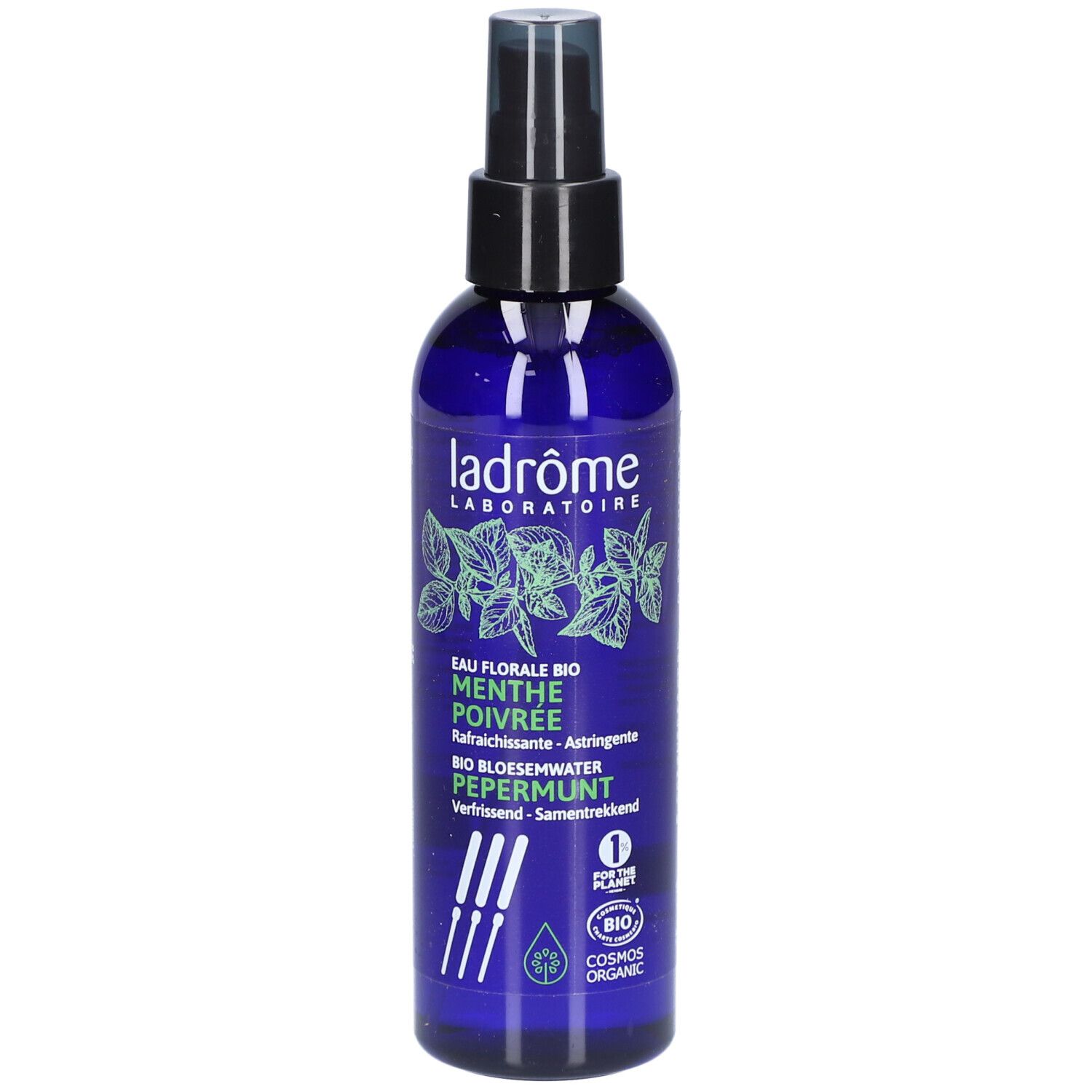 Flacon bleu avec vaporisateur. Inscription: Ladrôme, Menthe Poivrée, Bio. Avec label bio.