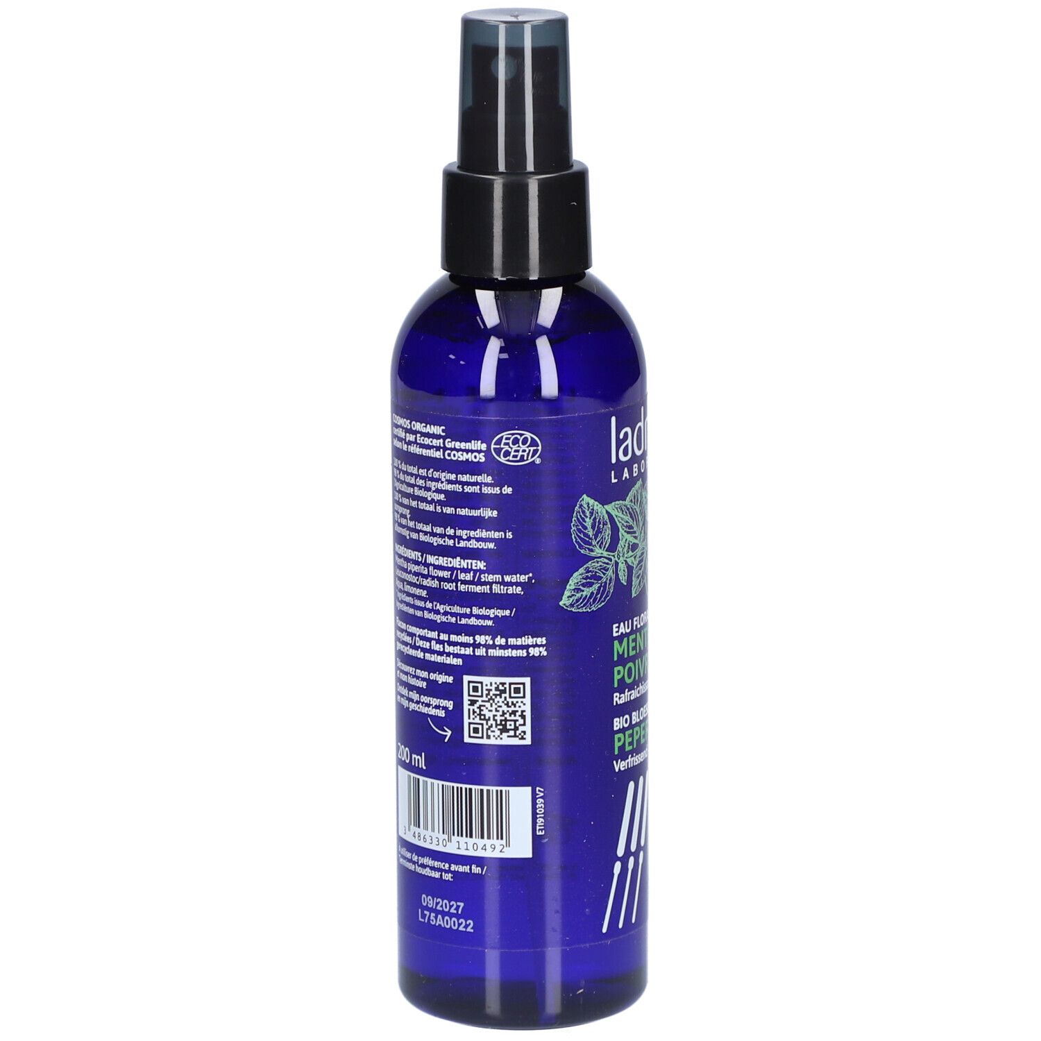 Flacon bleu avec texte. Inscription: Ladrôme, Menthe Poivrée, Bio. Avec code QR et label bio.