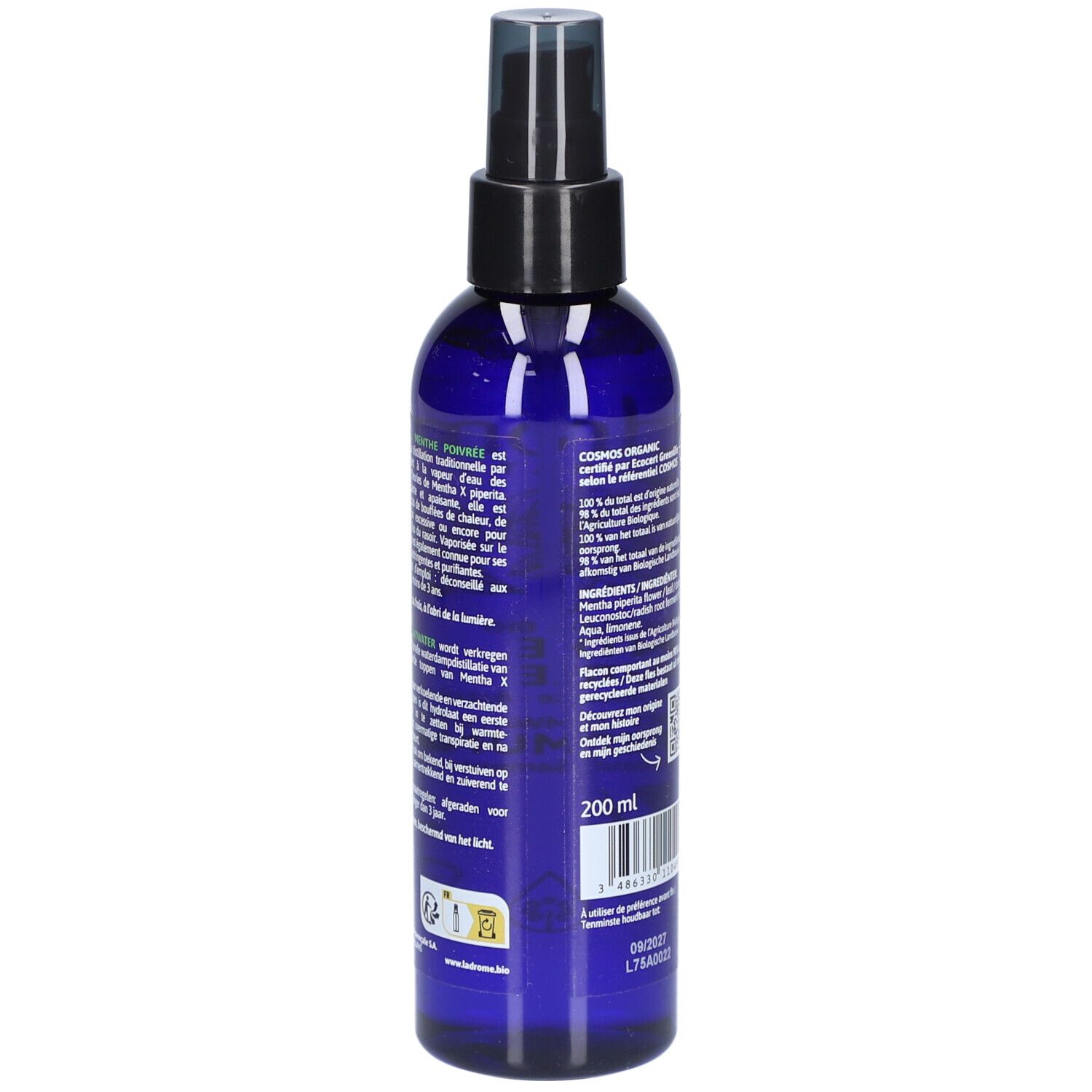 Flacon bleu avec texte. Inscription: Ladrôme, Menthe Poivrée, Bio. Avec indication de volume 200 ml.