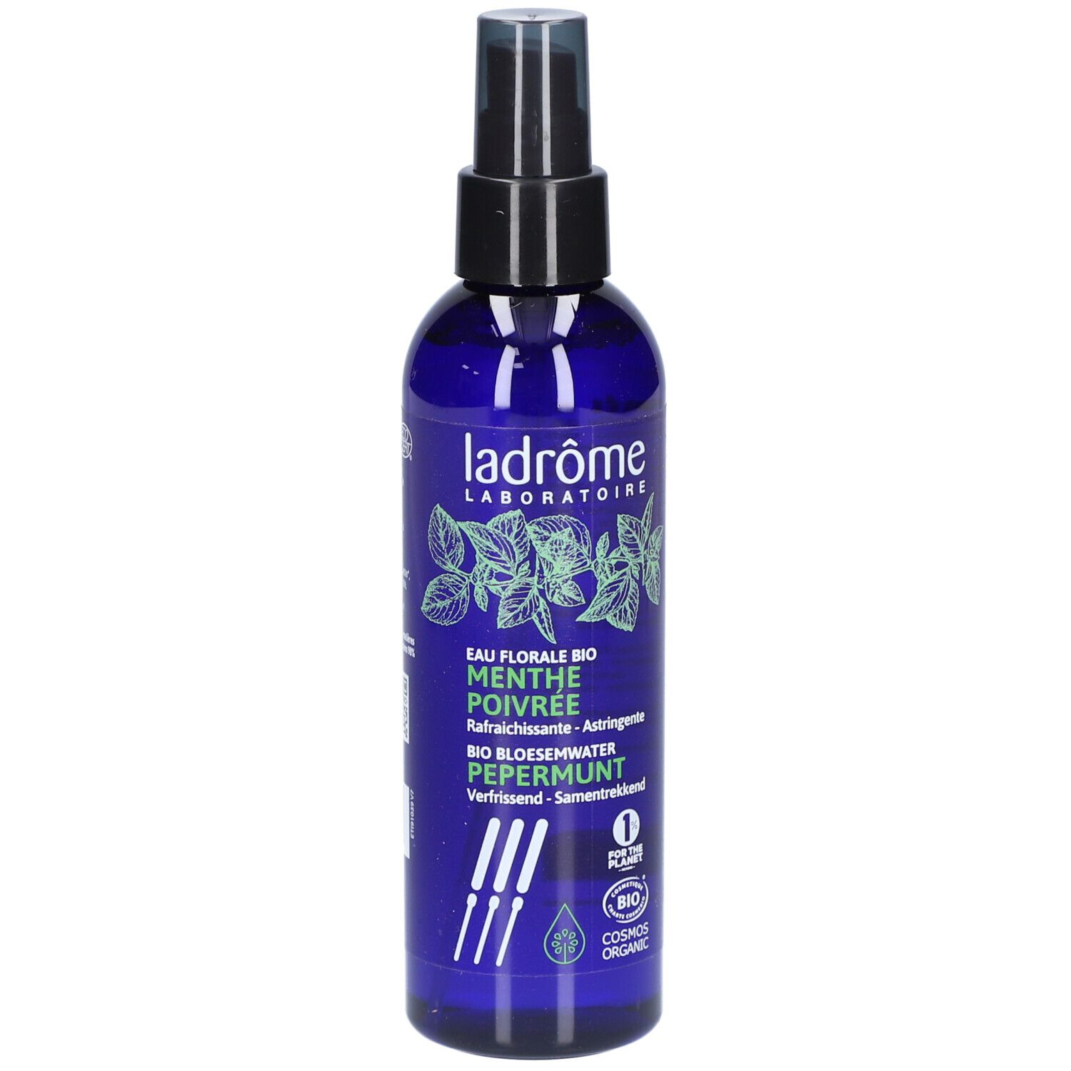 Flacon bleu avec vaporisateur. Inscription: Ladrôme, Menthe Poivrée, Bio. Avec label bio.