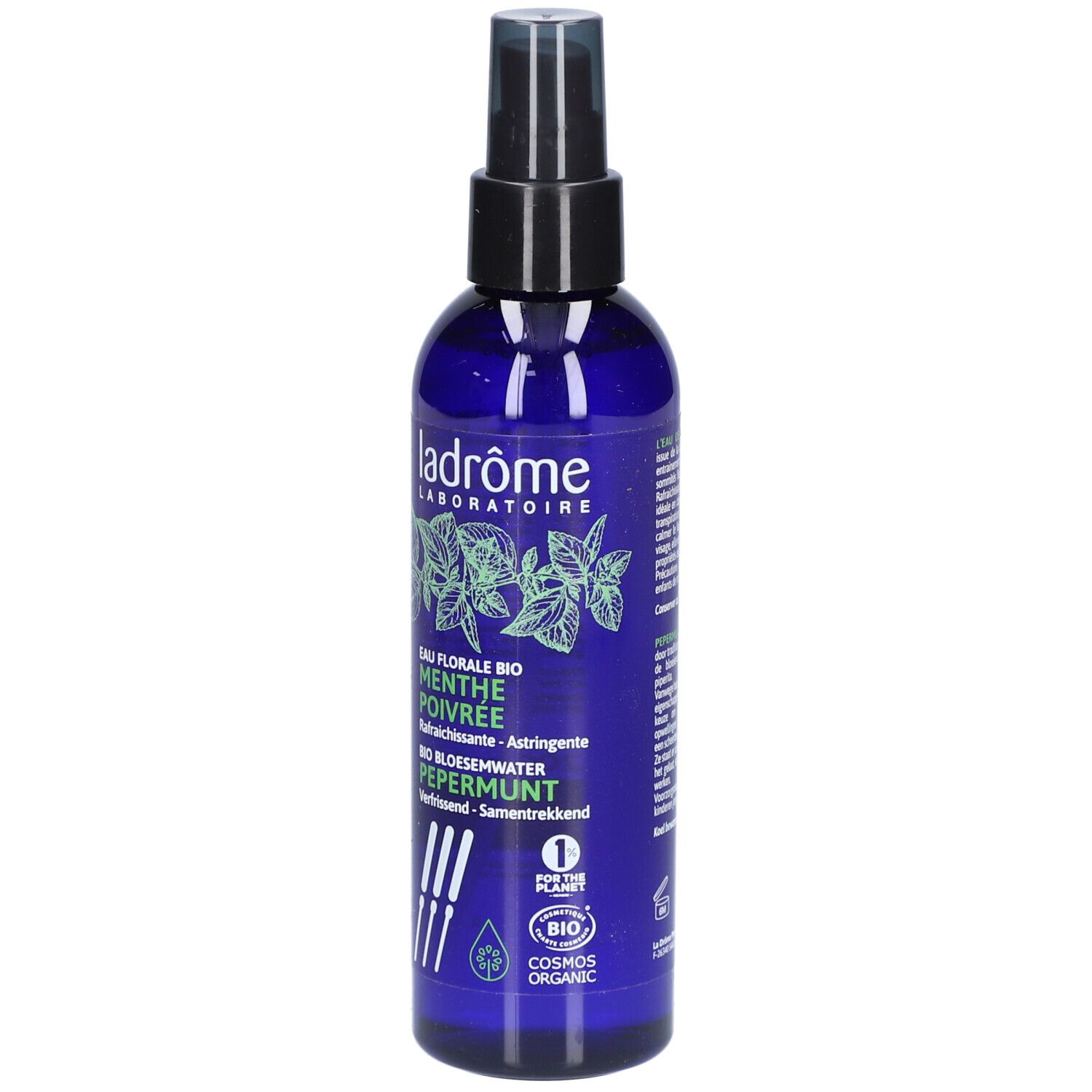 Flacon bleu avec vaporisateur. Inscription: Ladrôme, Menthe Poivrée, Bio. Avec label bio.