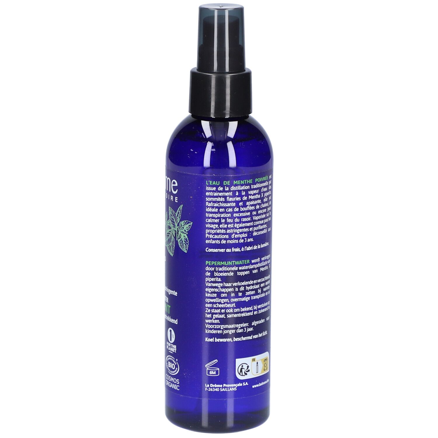 Flacon bleu avec texte. Inscription: Ladrôme, Menthe Poivrée, Bio. Avec label bio et texte.