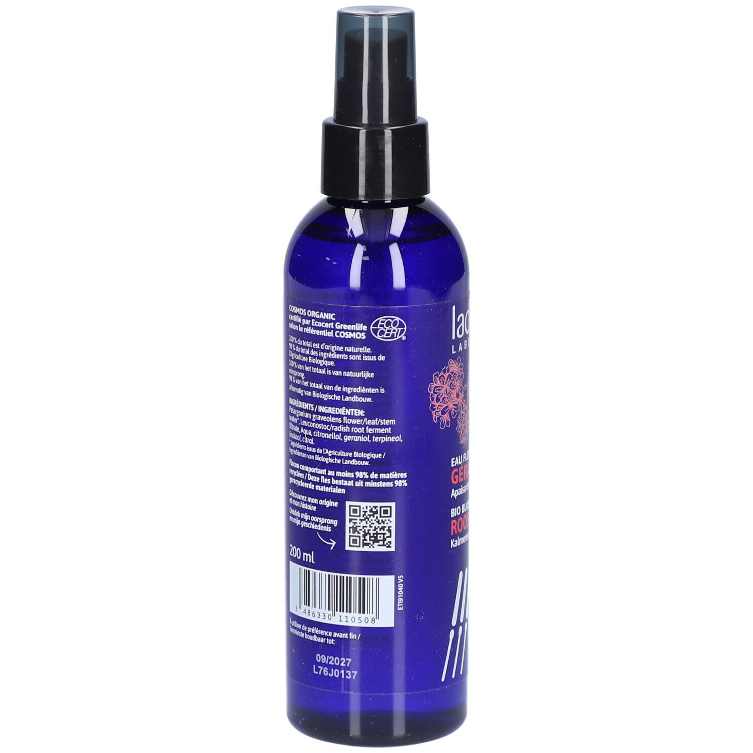 Dos du flacon bleu avec texte. Inscriptions: Cosmos Organic, 200 ml, code QR, date de péremption, code-barres.