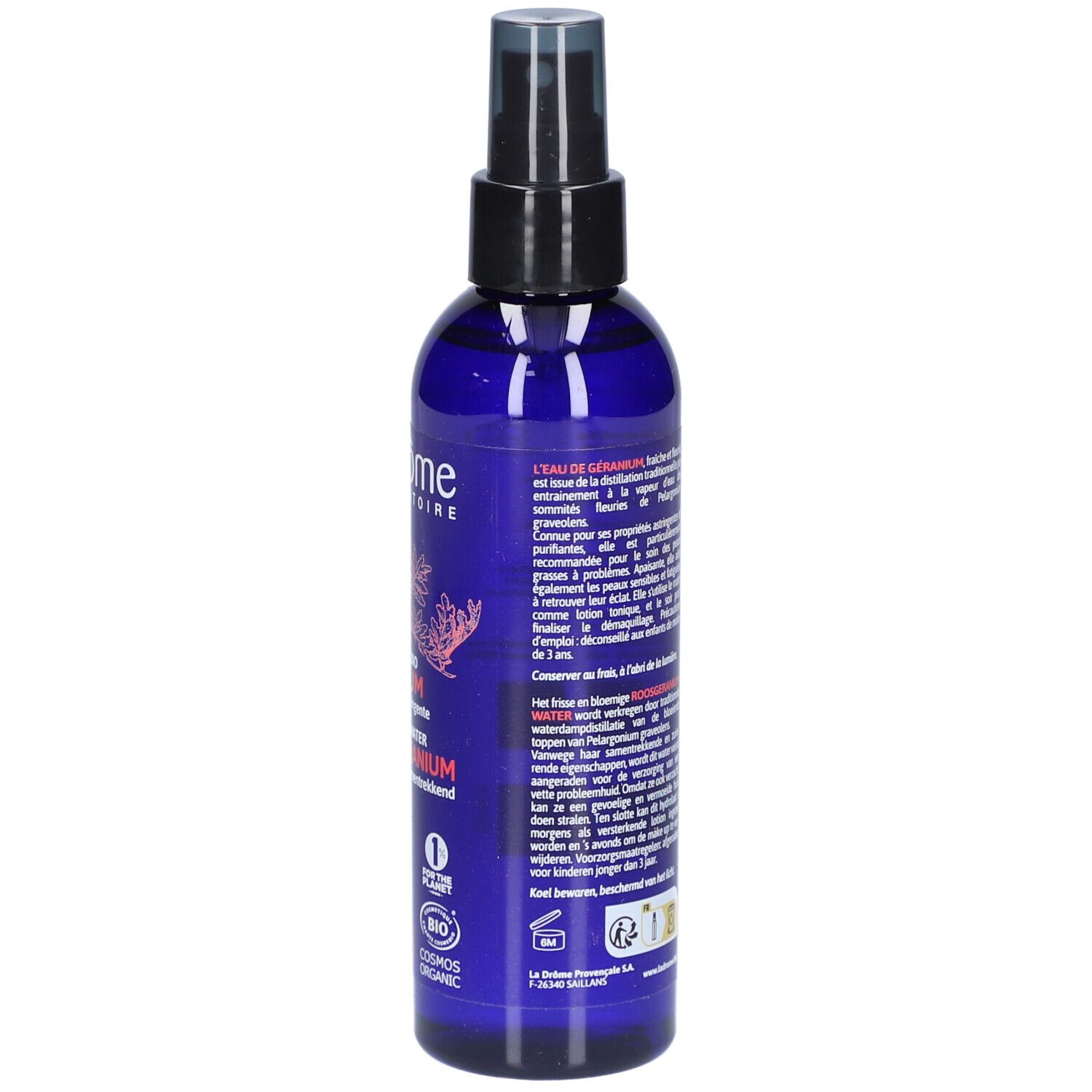 Dos du flacon bleu avec texte. Inscriptions: L'Eau de Géranium, ingrédients, 200 ml, certification bio.