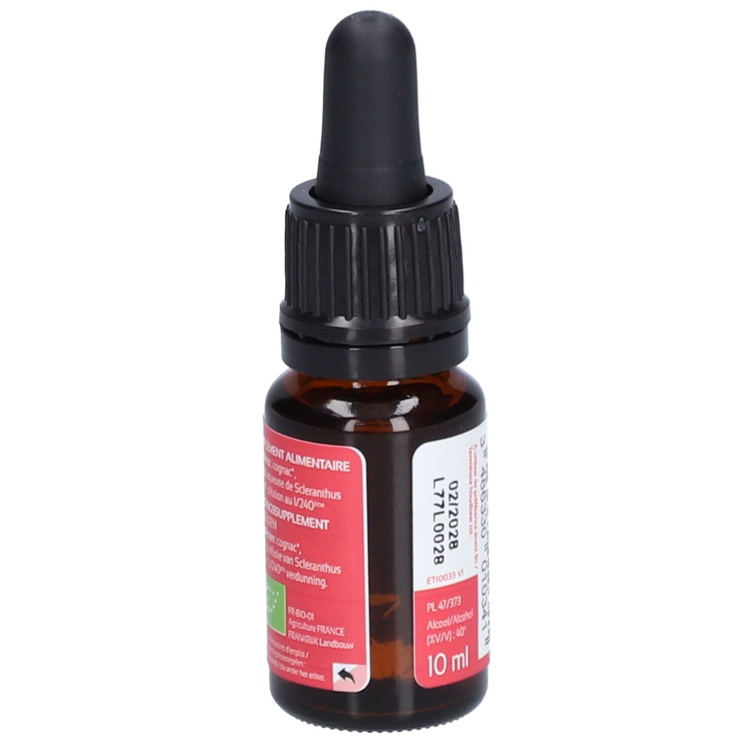 Flacon en verre brun avec compte-gouttes noir. Étiquette rouge avec texte blanc : Gnavelle Scleranthus, 28 Bach. Marque : Ladrôme. 10 ml, label bio.