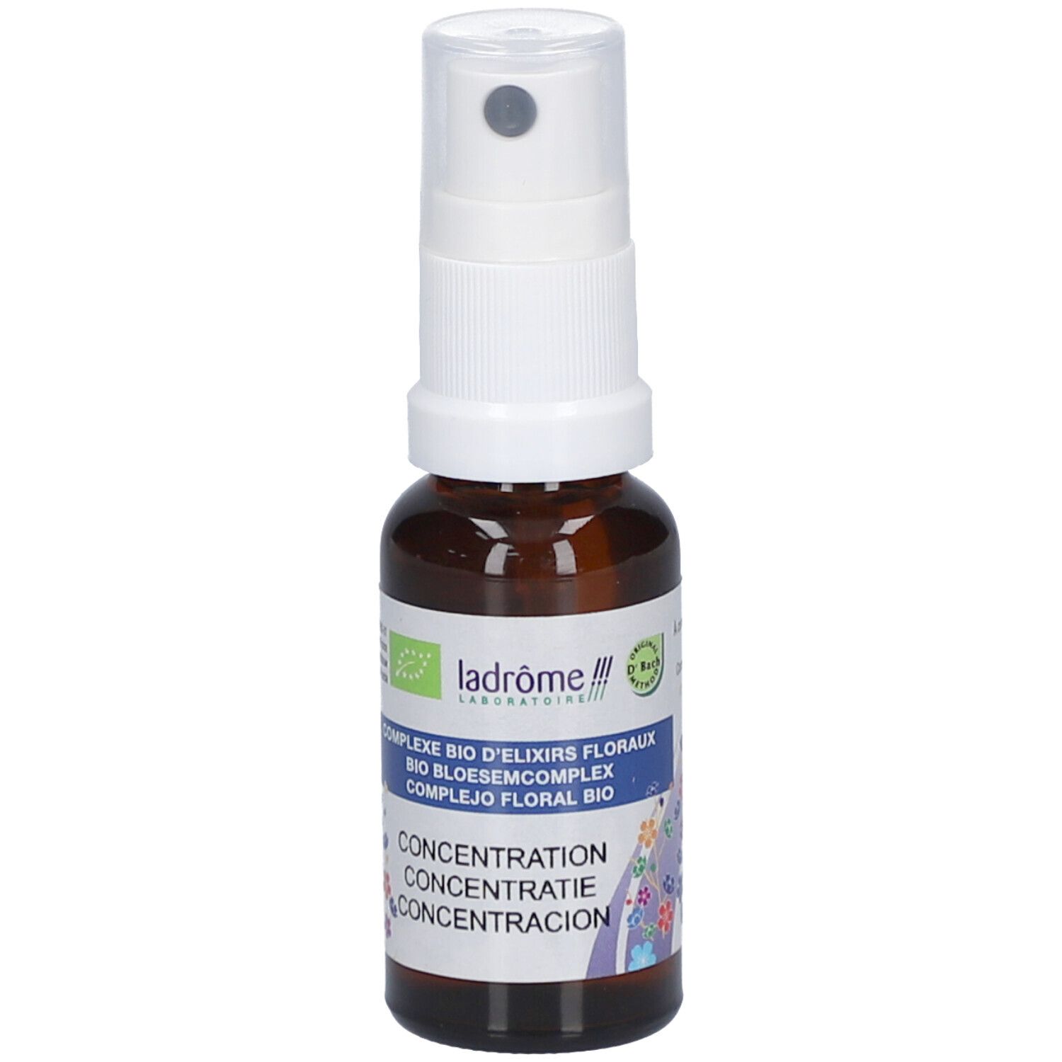 Flacon en verre brun avec vaporisateur blanc. Étiquette avec texte et logo. Certification bio. Nom du produit: Concentration.