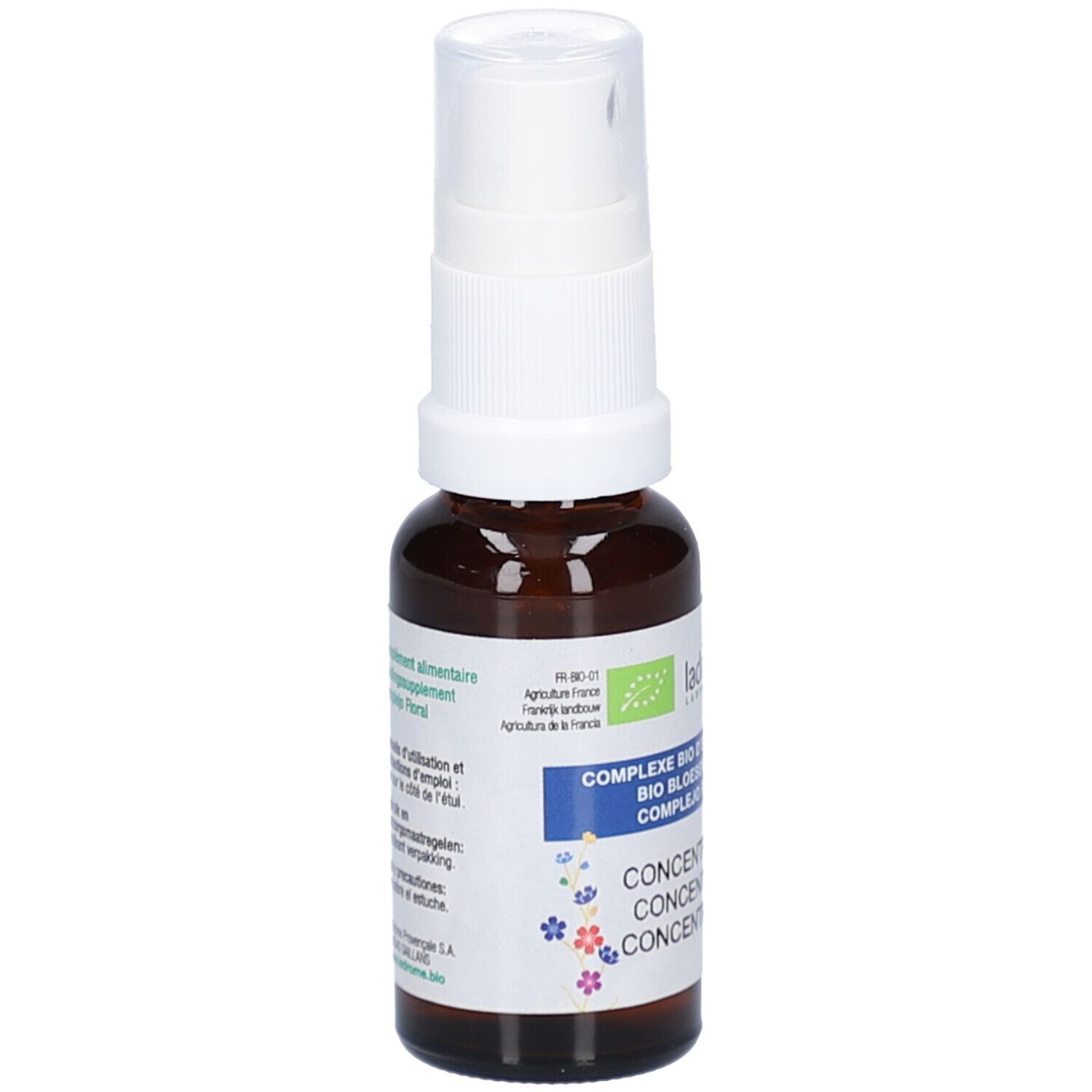 Flacon en verre brun avec vaporisateur blanc. Étiquette avec texte et logo. Certification bio. Nom du produit: Concentration.