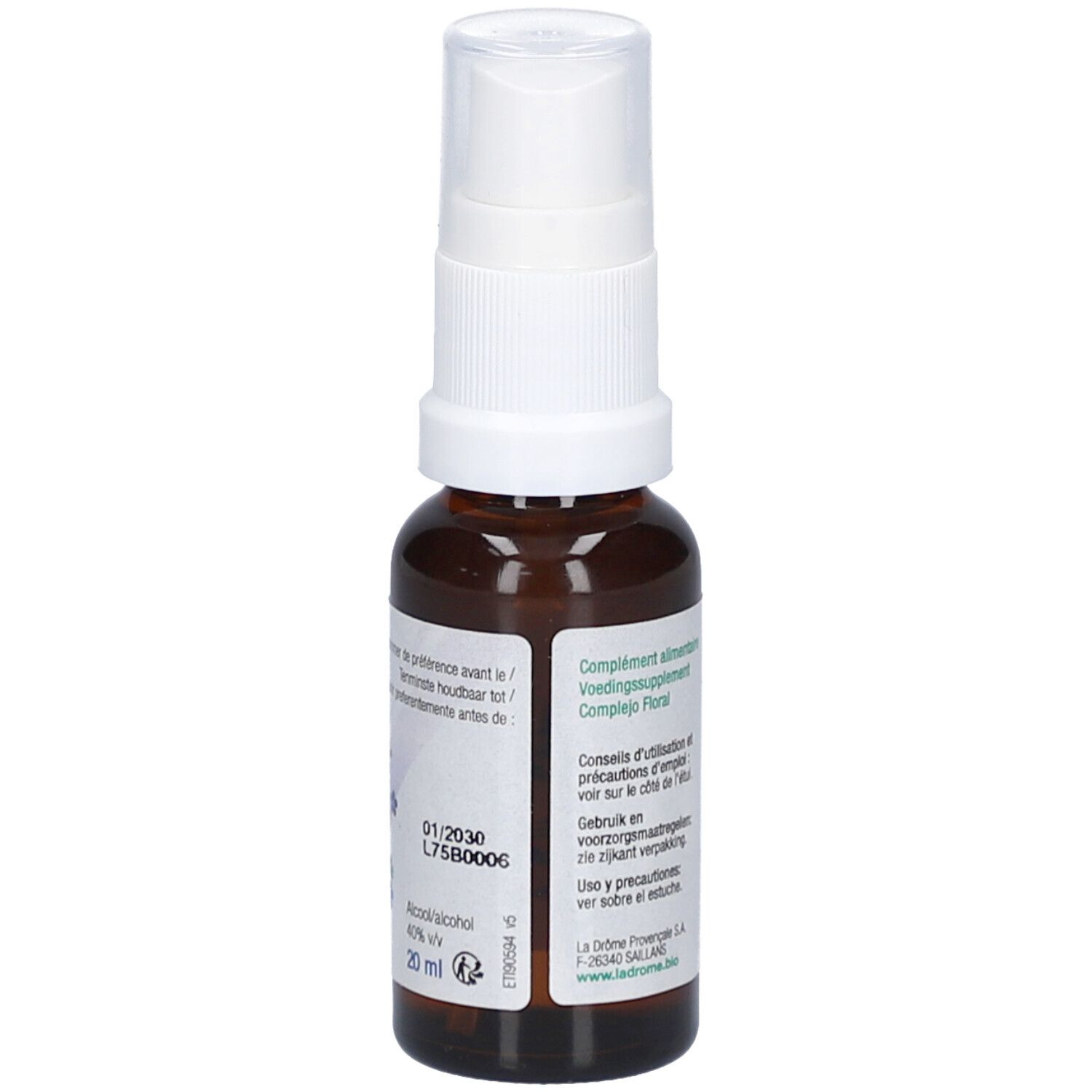 Flacon en verre brun avec vaporisateur blanc. Inscriptions: Complexe Bio d'Elixirs Floraux, Sérénité, Ontspanning, Relajante. Label bio.