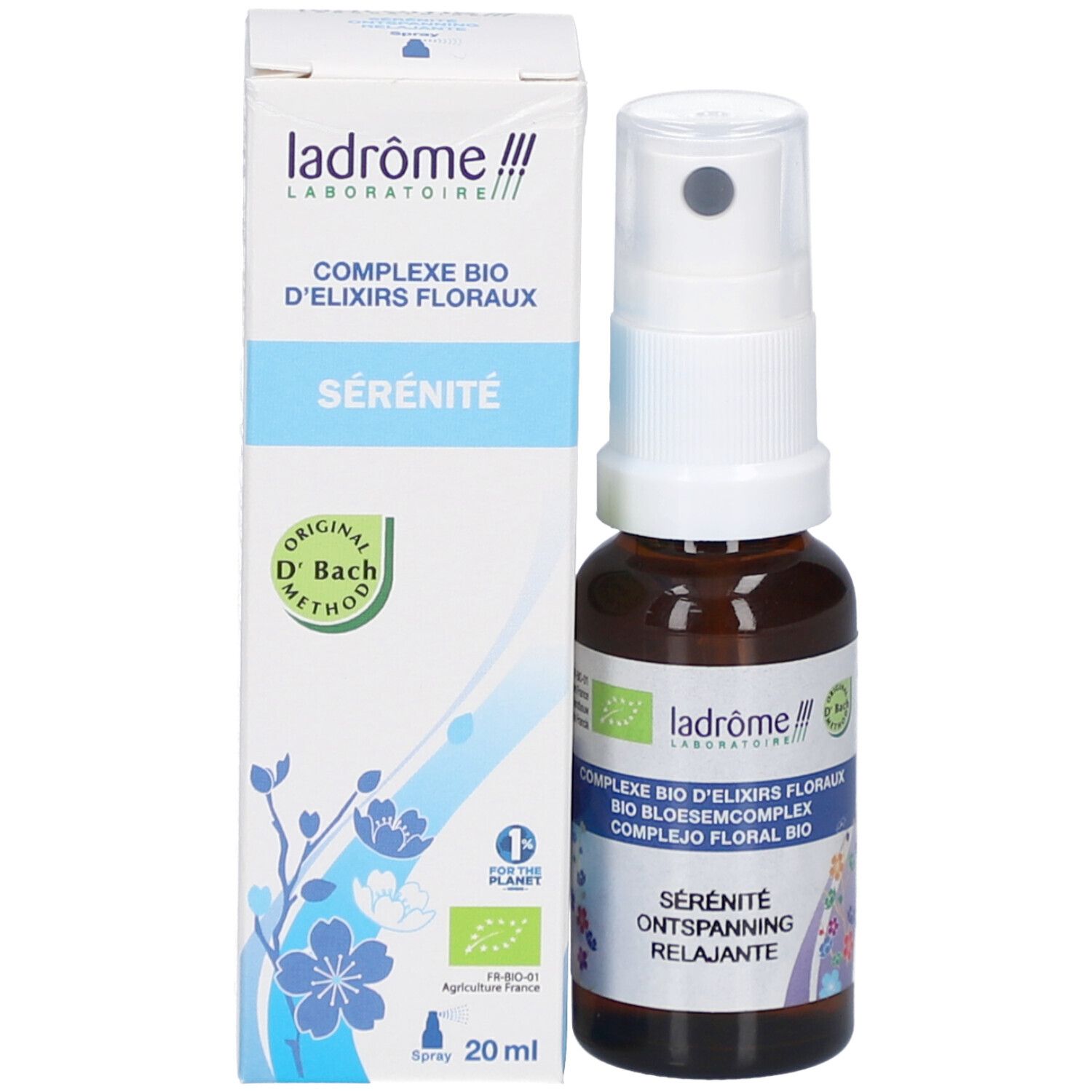 Flacon et emballage. Inscriptions: Ladrome, Complexe Bio d'Elixirs Floraux, Sérénité. Original D'Bach Methode. Label bio.